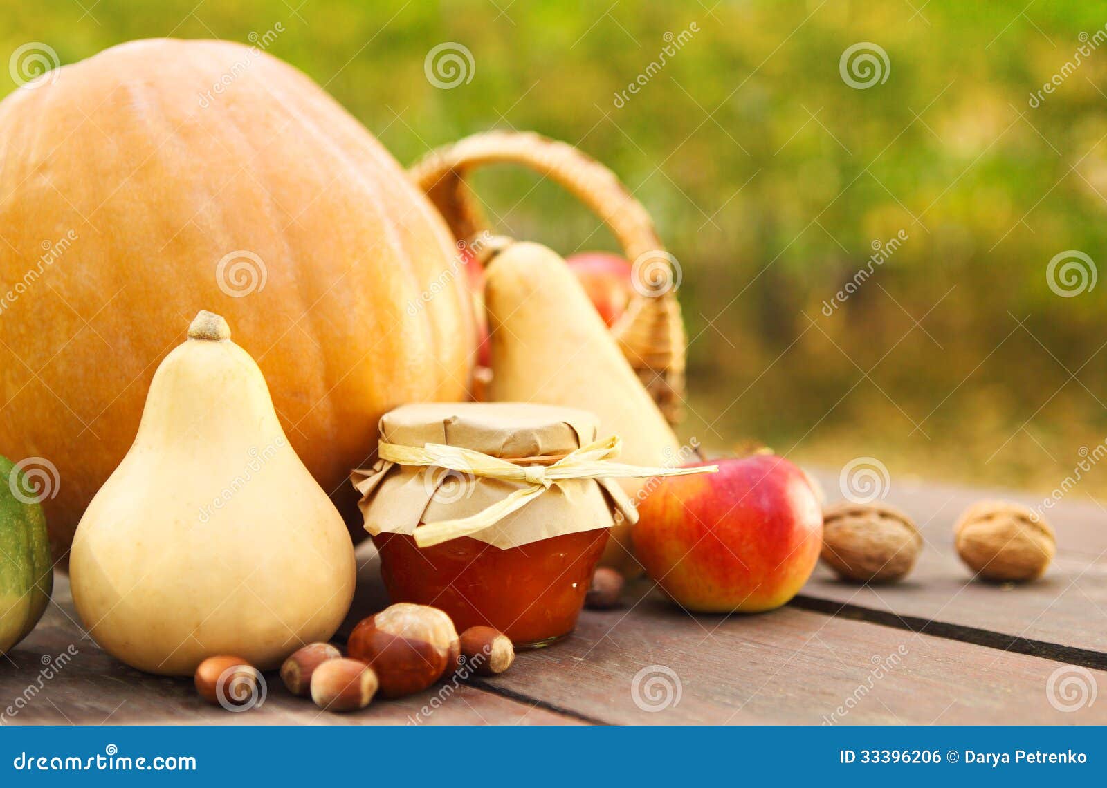 Pumpkins, Jam, Nuts and Basket with Apples Stock Photo Image of