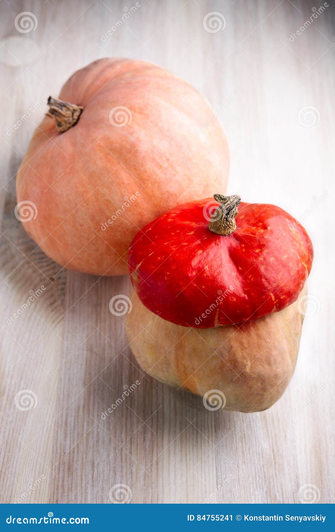 Pumpor på tabellen. Squash för turban för pumpa- och turk` s på trätabellen