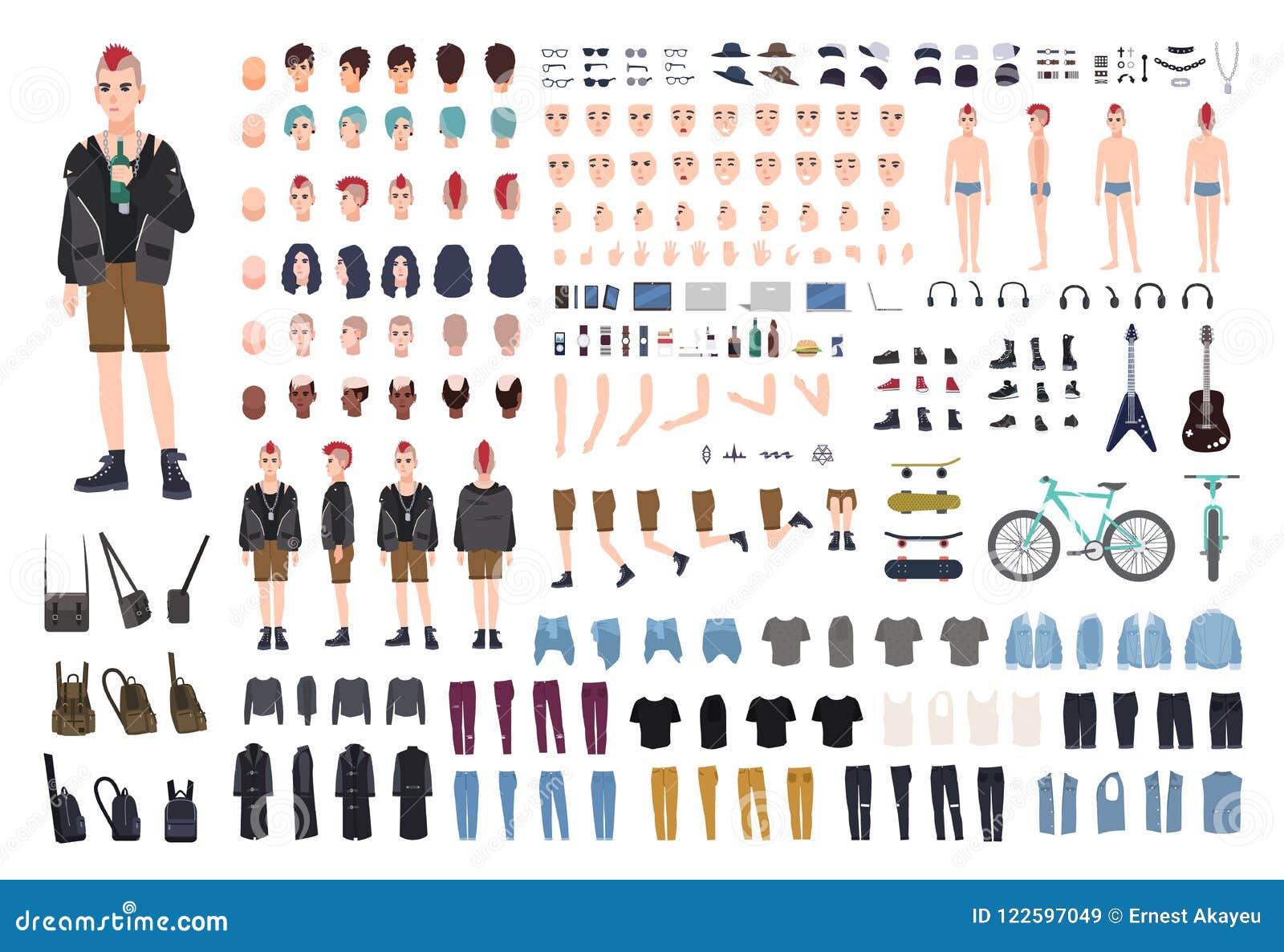 punk diy or constructor kit. set of young male character or teenager body parts, emotions, postures, outfit, subculture