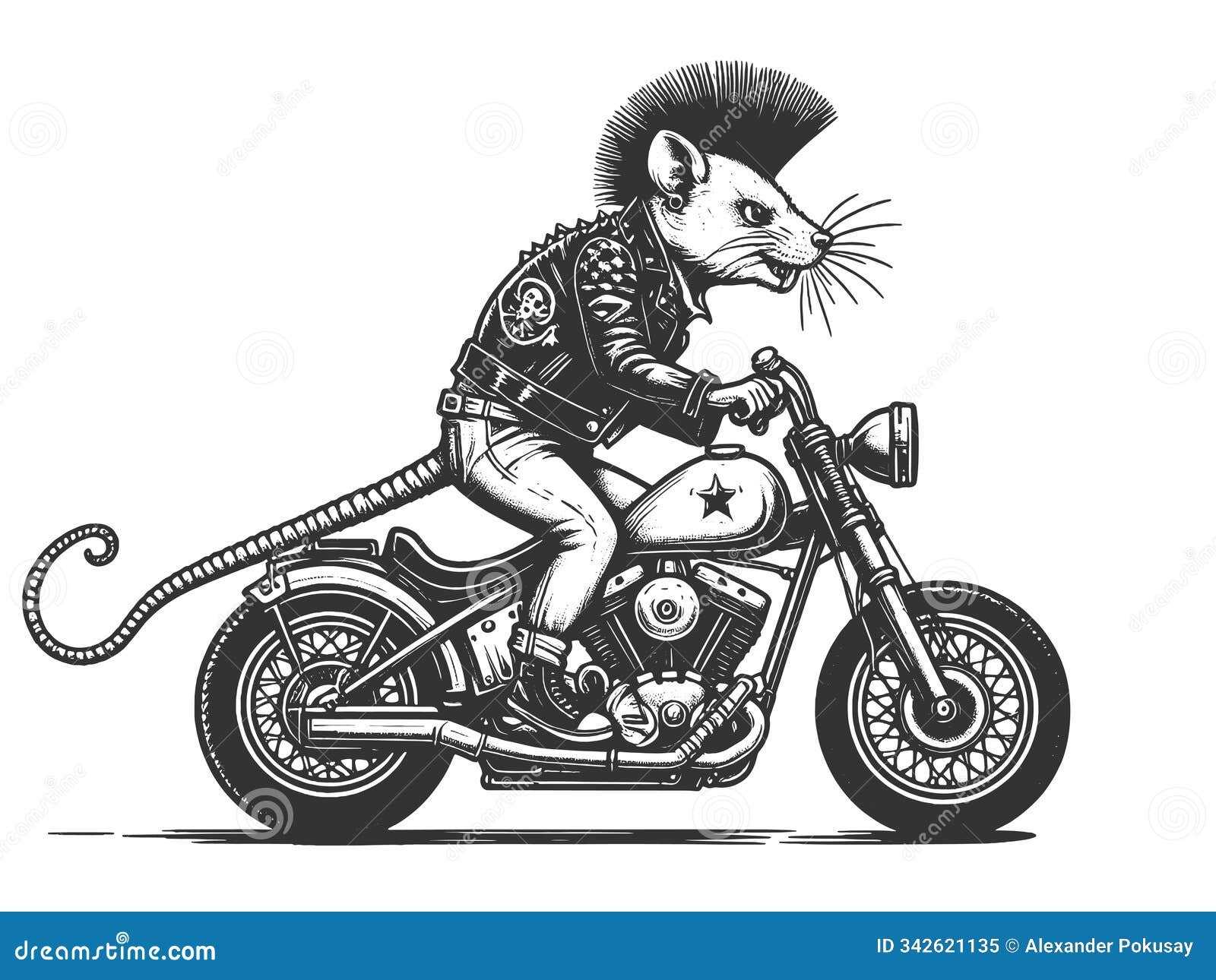 punk rat riding motorcycle engraving 