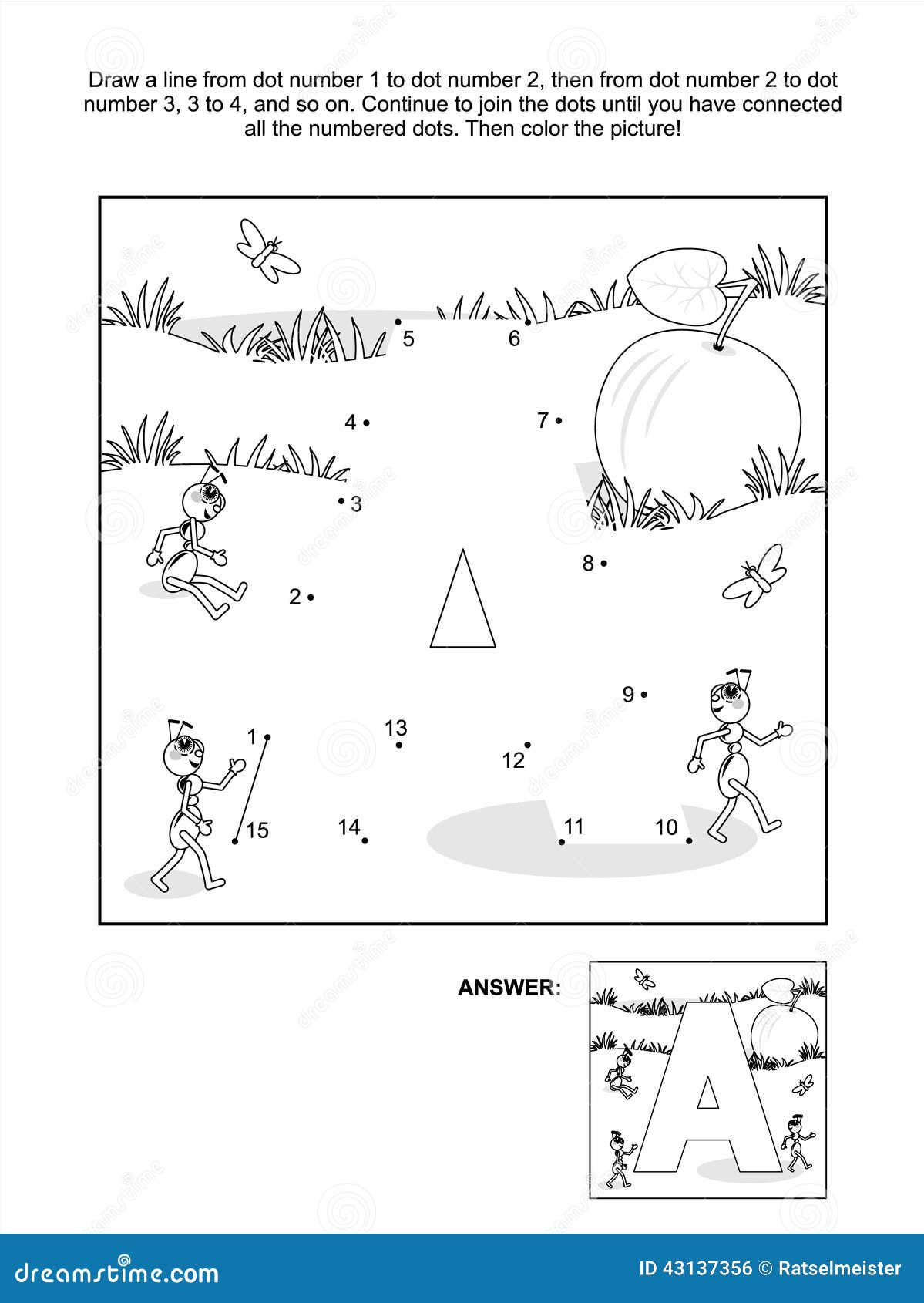 Punto-a-punto y página del colorante - letra A, la manzana y las hormigas. Educativo conecte la página del rompecabezas y del colorante de la imagen de los puntos - letra A, la manzana y las hormigas Respuesta incluida