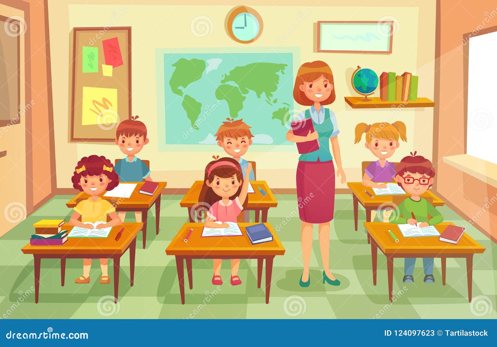 pupils and teacher in classroom. school pedagogue teach lesson to pupil kids. schools lessons at class cartoon 