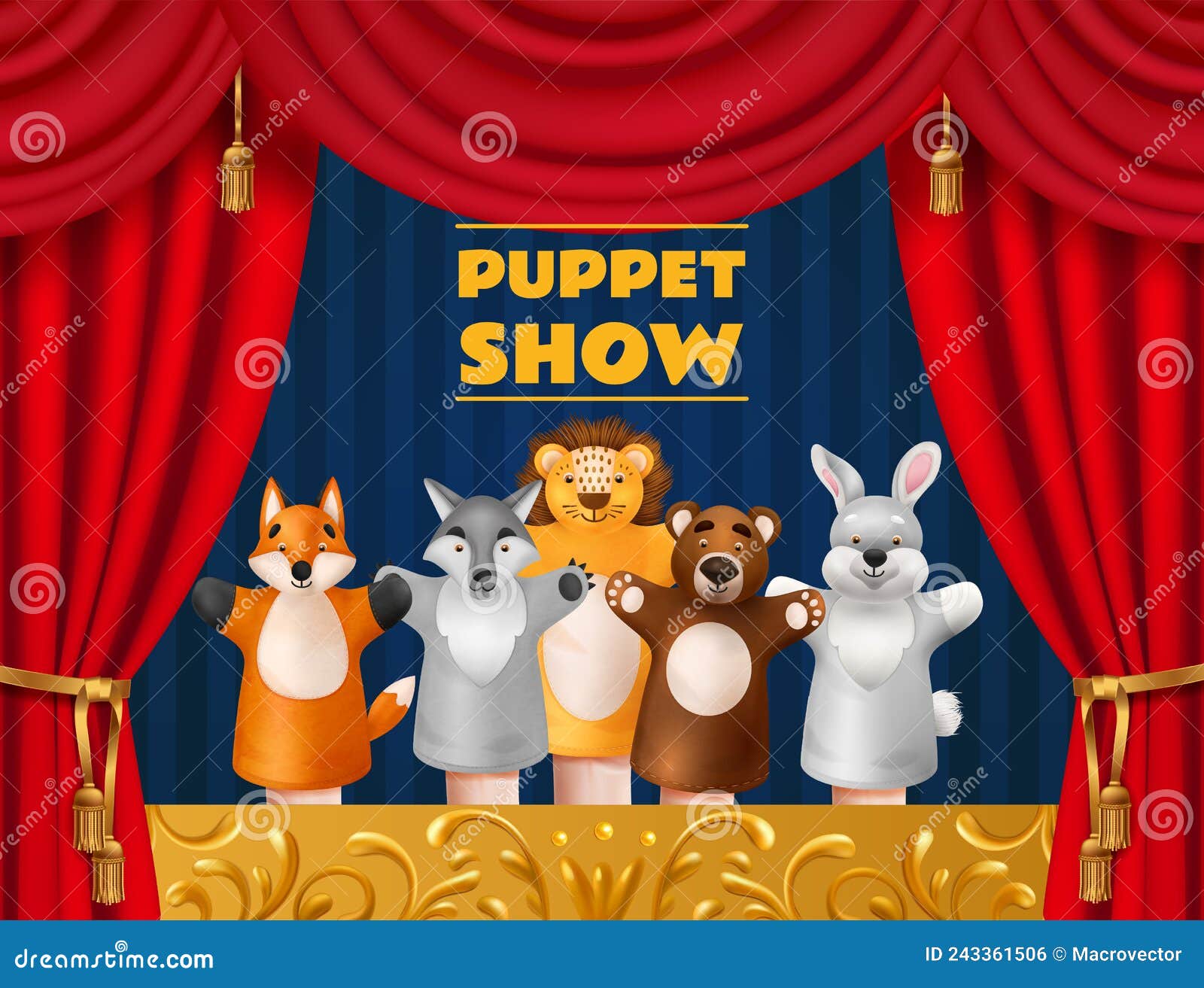 Puppet show on theater stage with animal dolls Vector Image