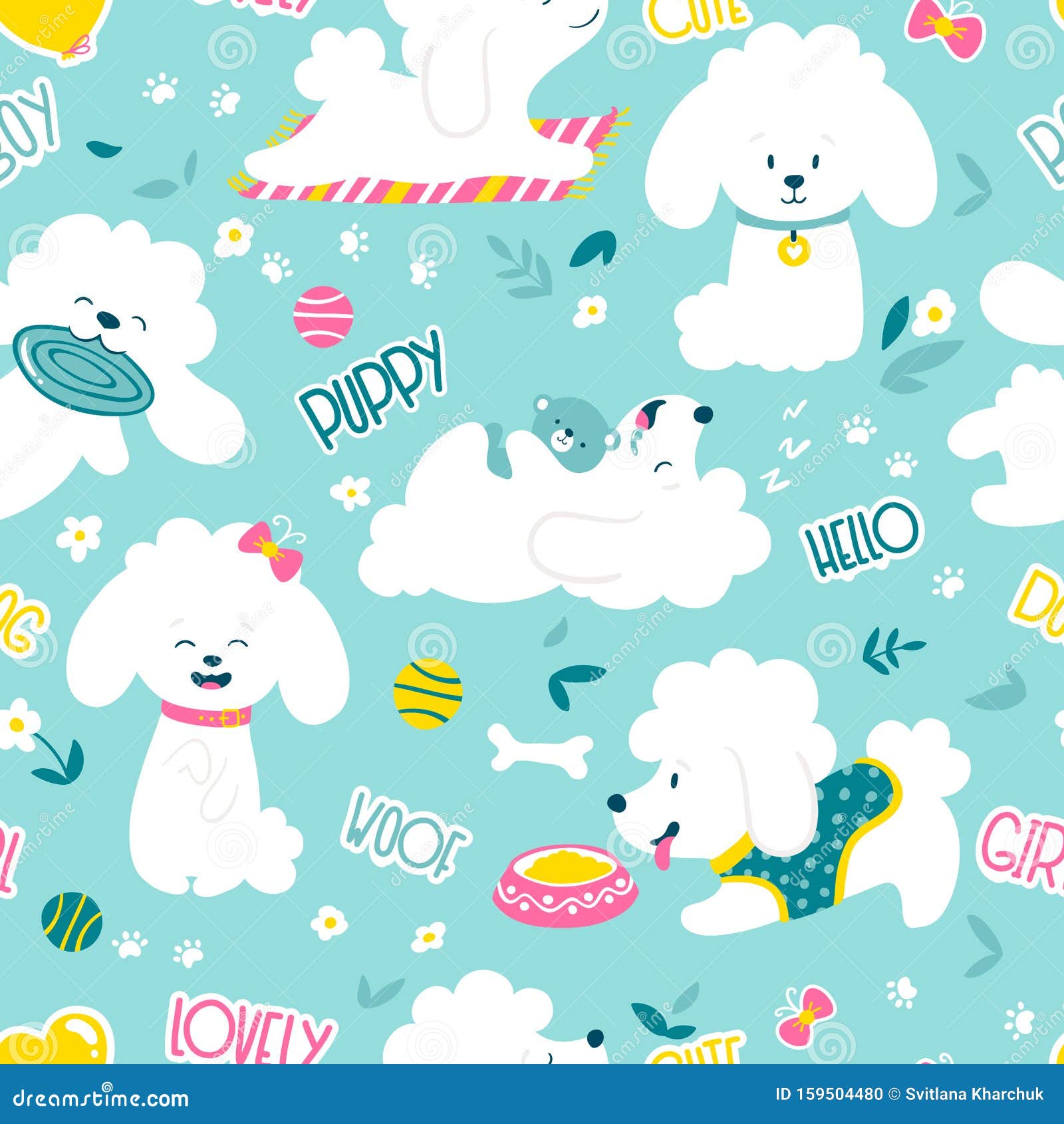 puppies seamless pattern . funny white little poodle dogs in a daily routine.   on a blue background