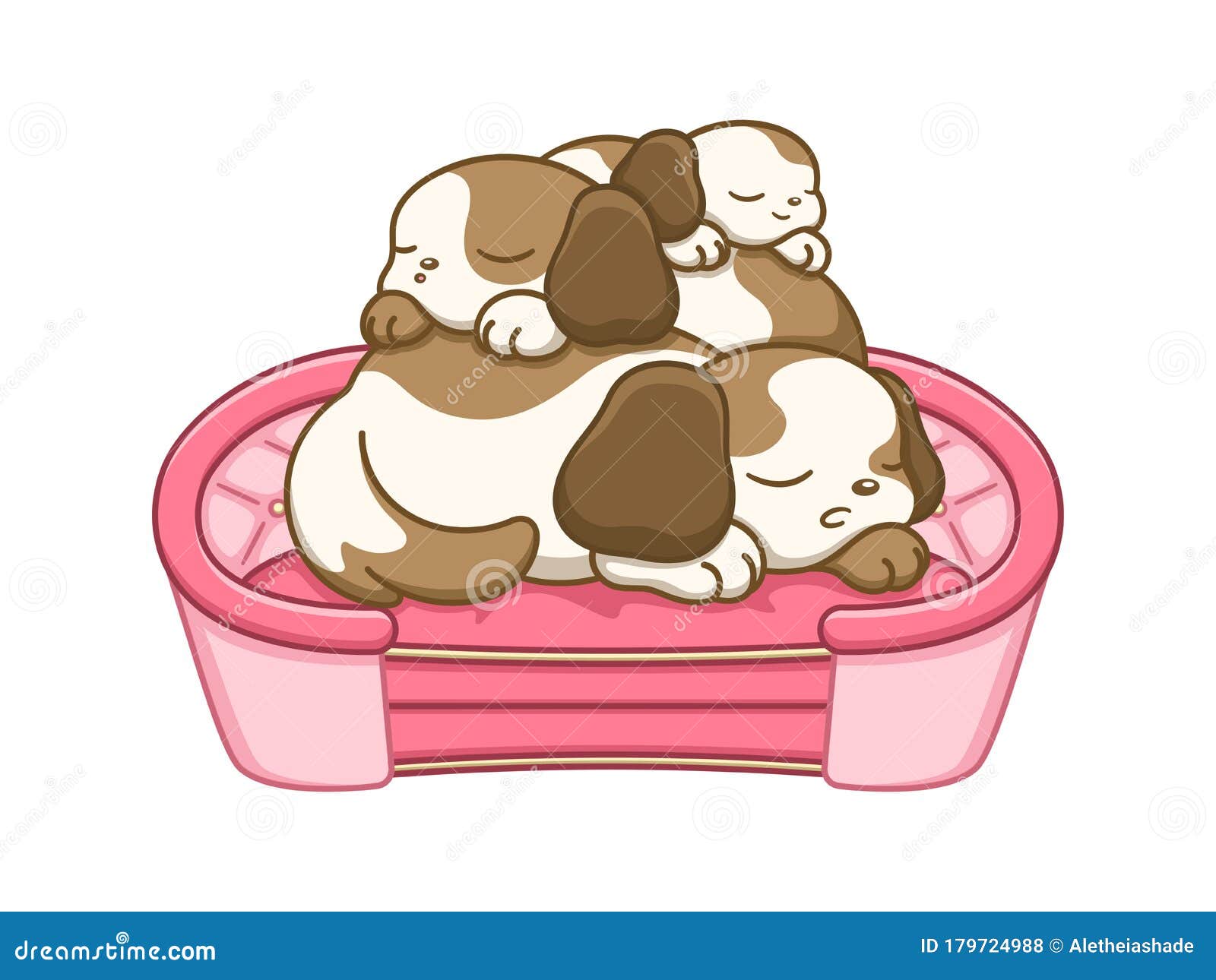 Three Brown Puppies Sleeping On Top Of Each Other On A Dog Bed Vector