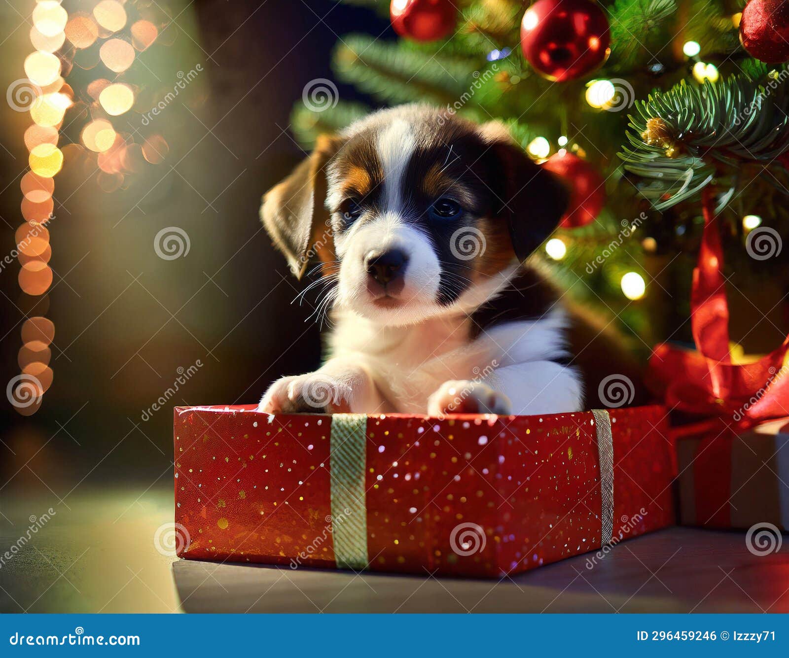 Puppy on Gift Box Under the Christmas Tree Stock Photo Image of
