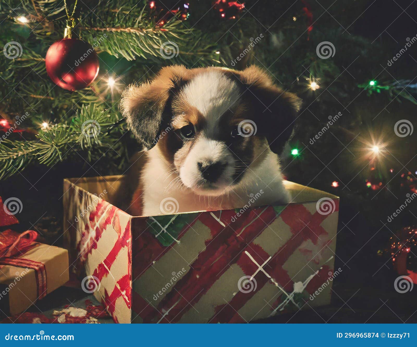 Puppy in a Gift Box Under the Christmas Tree Stock Illustration