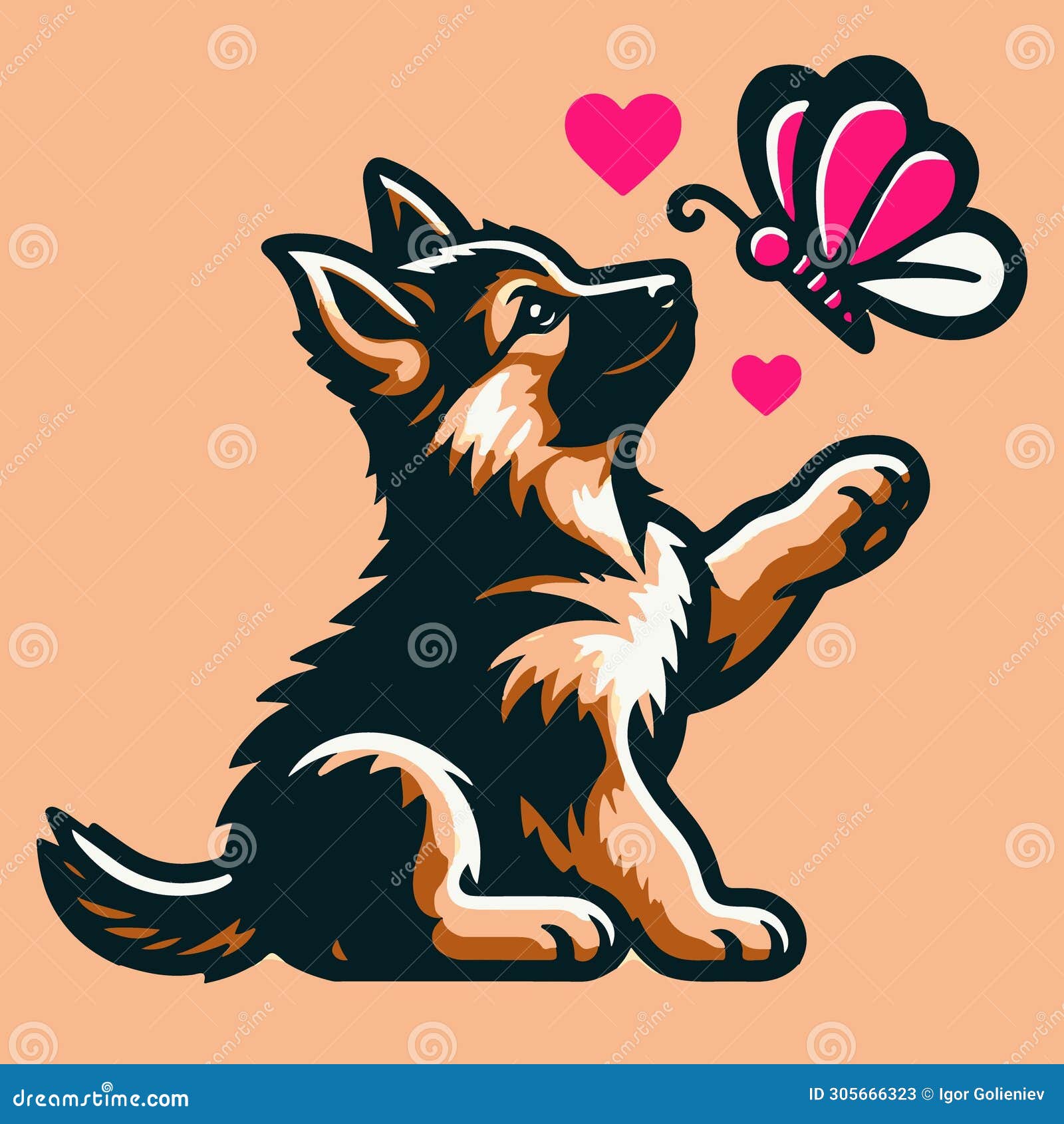 puppy's playful interaction with butterfly amidst hearts