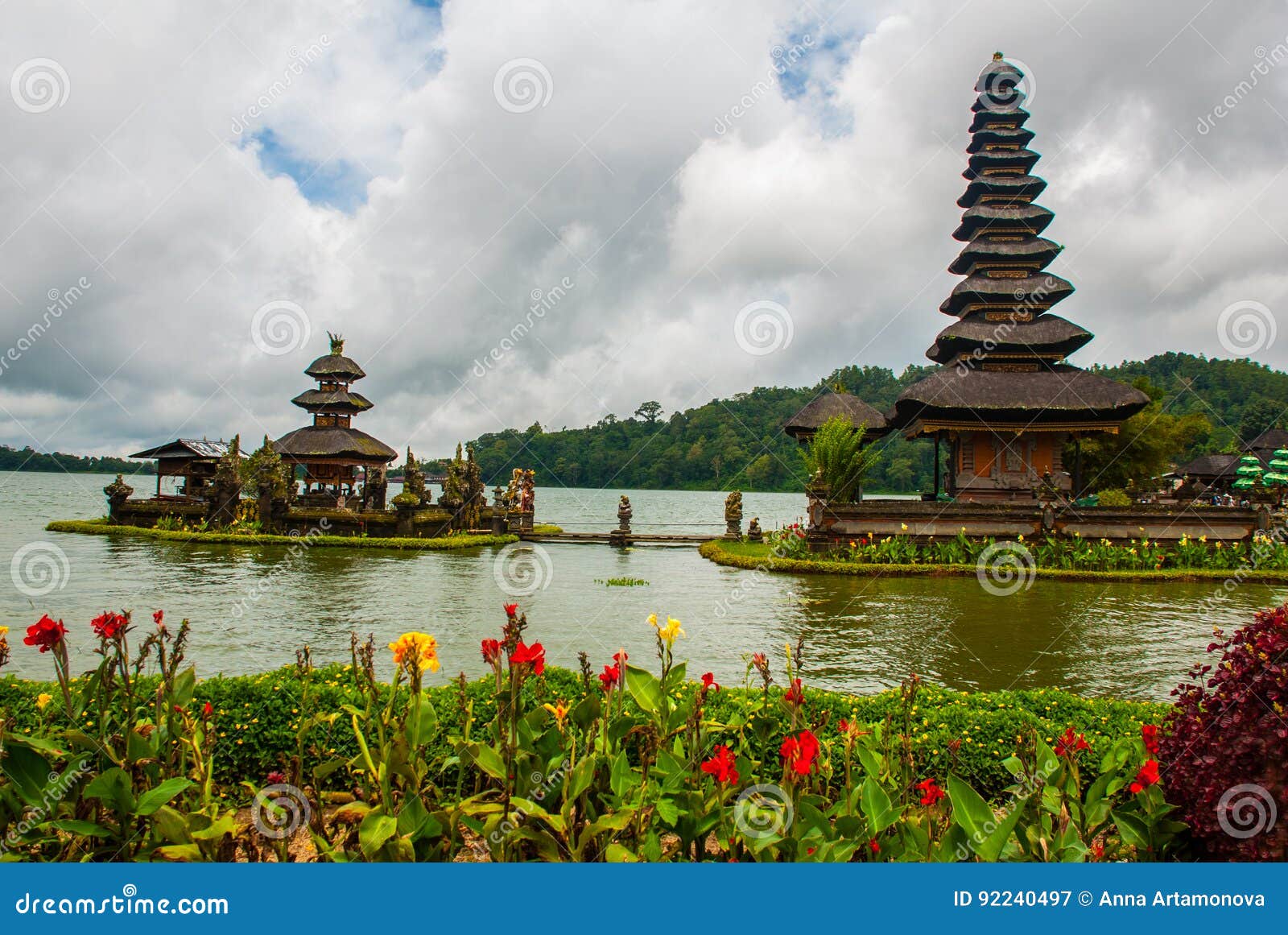 Pura Ulun Danu Batur Temple In Lake With Flowers Bali Indonesia