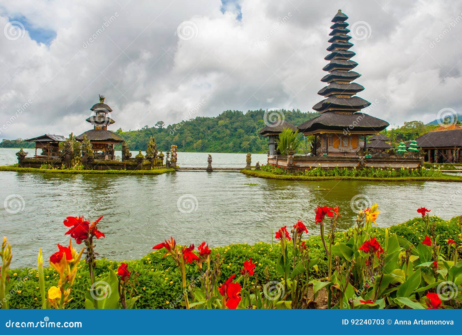 Pura Ulun Danu Batur Temple In Lake With Flowers Bali Indonesia