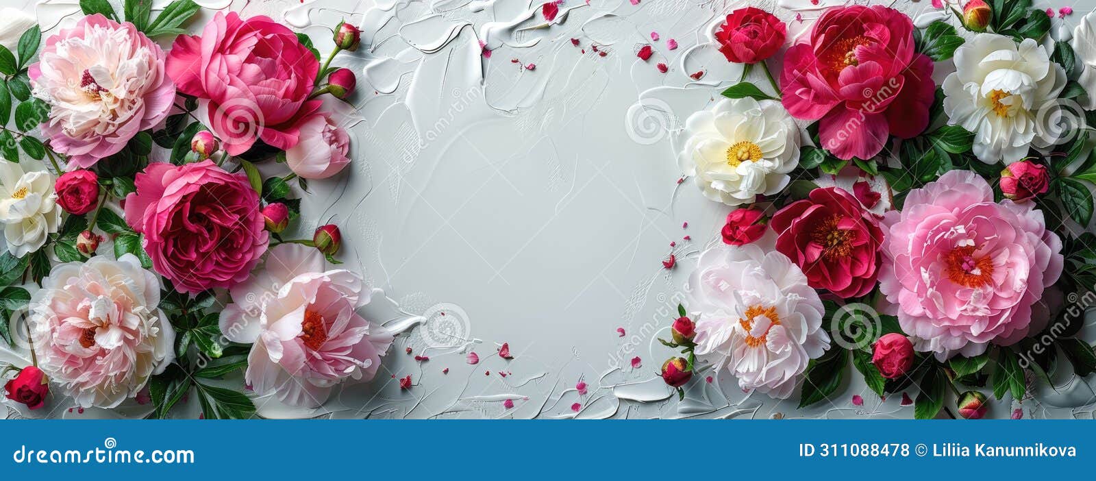 a pure white background bordered by an ultra-thin edge adorned with zoomed-out peony and rose flowers, providing ample
