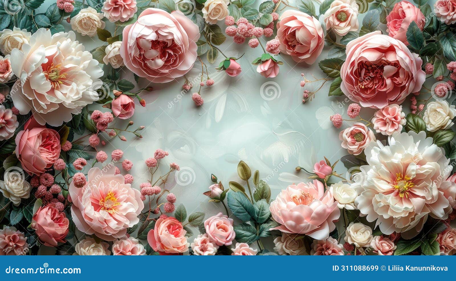 a pure white background bordered by an ultra-thin edge adorned with zoomed-out peony and rose flowers, providing ample