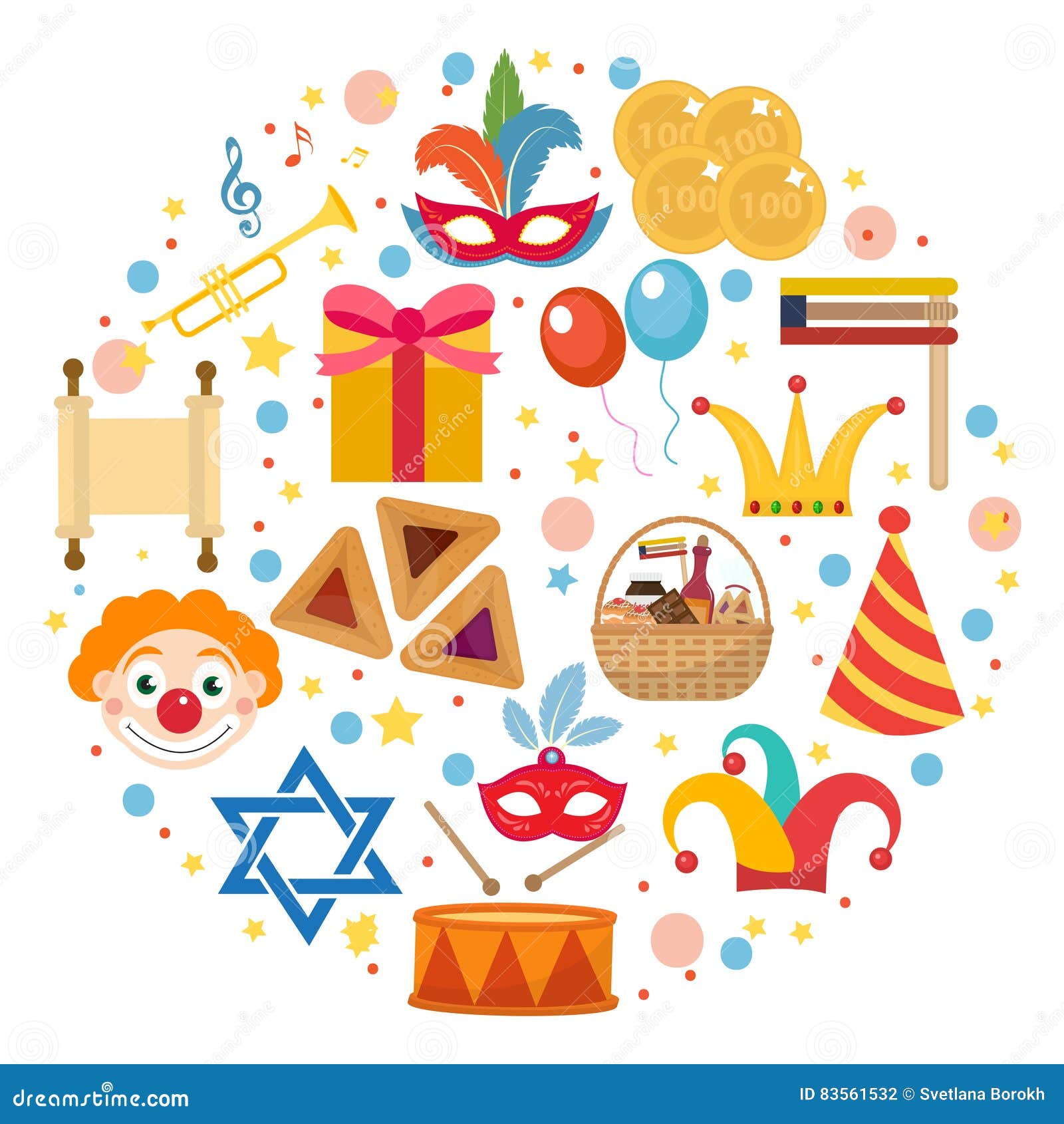 purim icons set in round ,  on white background.   clip-art.