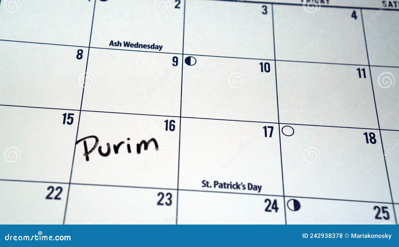 Purim marked on a calendar stock photo. Image of celebration 242938378