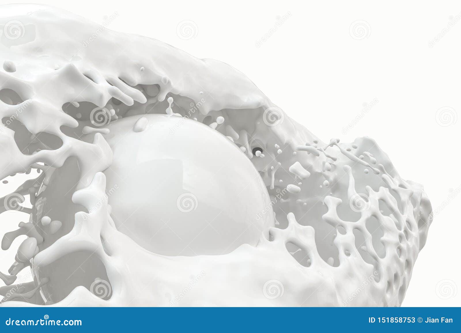 purity splashing milk with flying spheres, 3d rendering