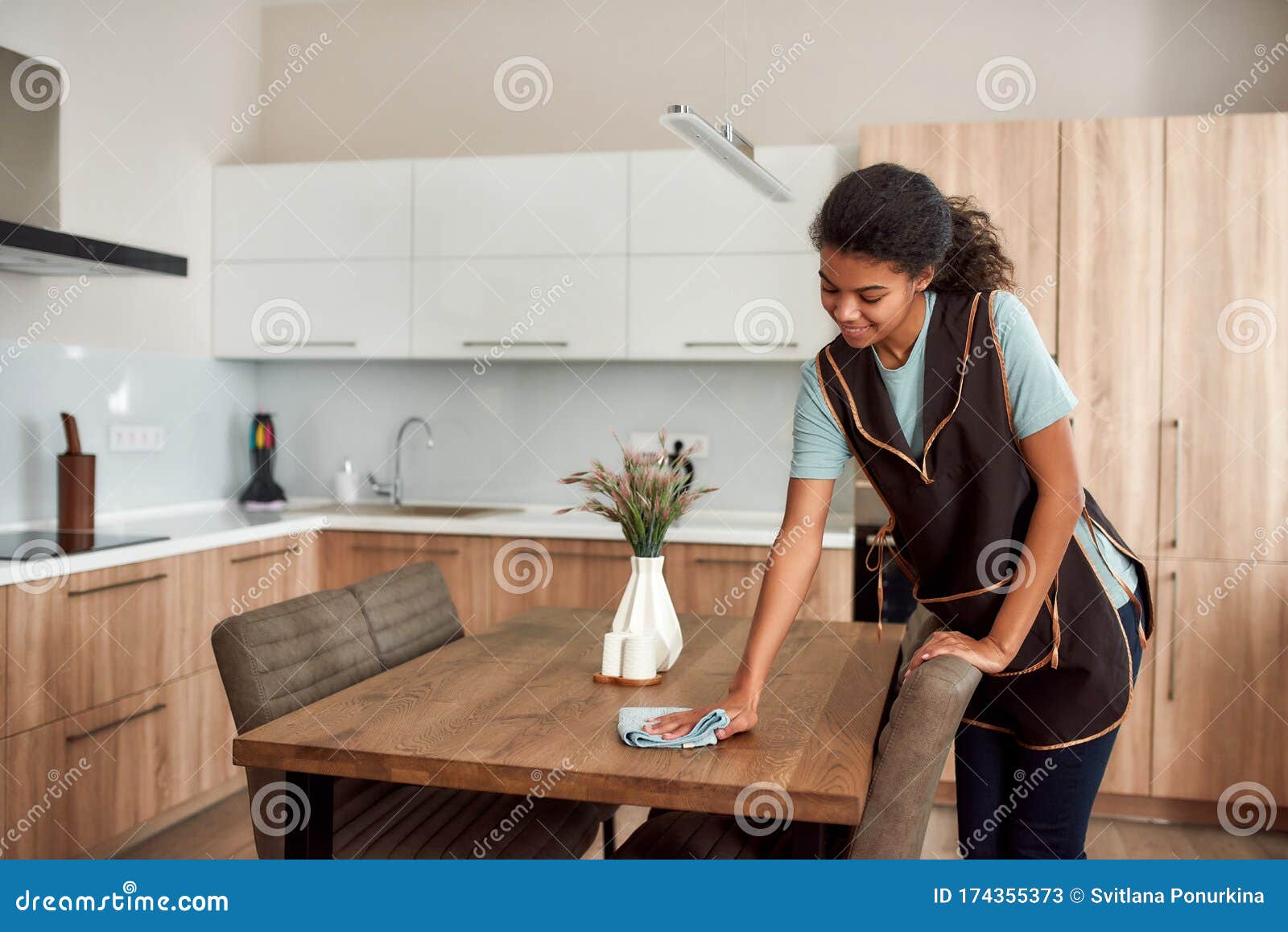 Puro. Giovane Cameriera Afro-americana in Grembiule in Cucina Moderna. Donna  Professionista Immagine Stock - Immagine di pulitore, pulitrice: 174355373