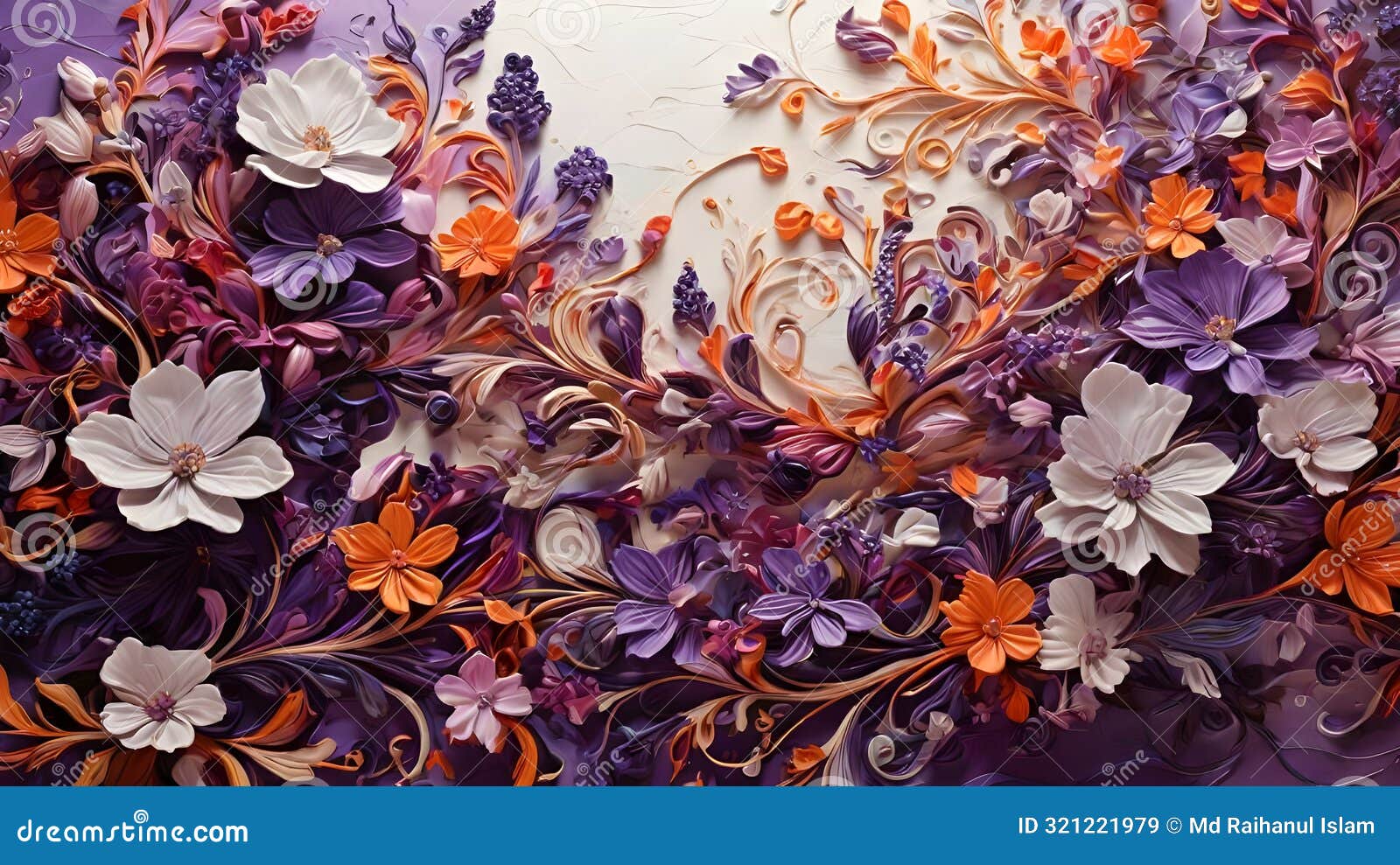 purple background is brought to life with delicate violet flowers and swirling patterns.