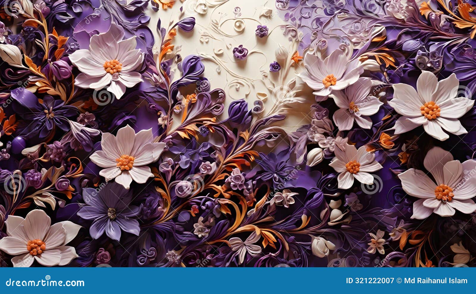 purple background is brought to life with delicate violet flowers and swirling patterns.