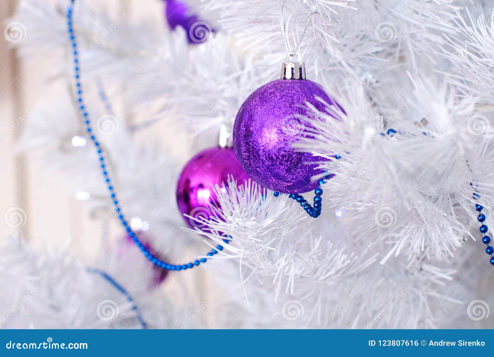 Purple Balls on White Christmas Tree Stock Photo - Image of sphere ...