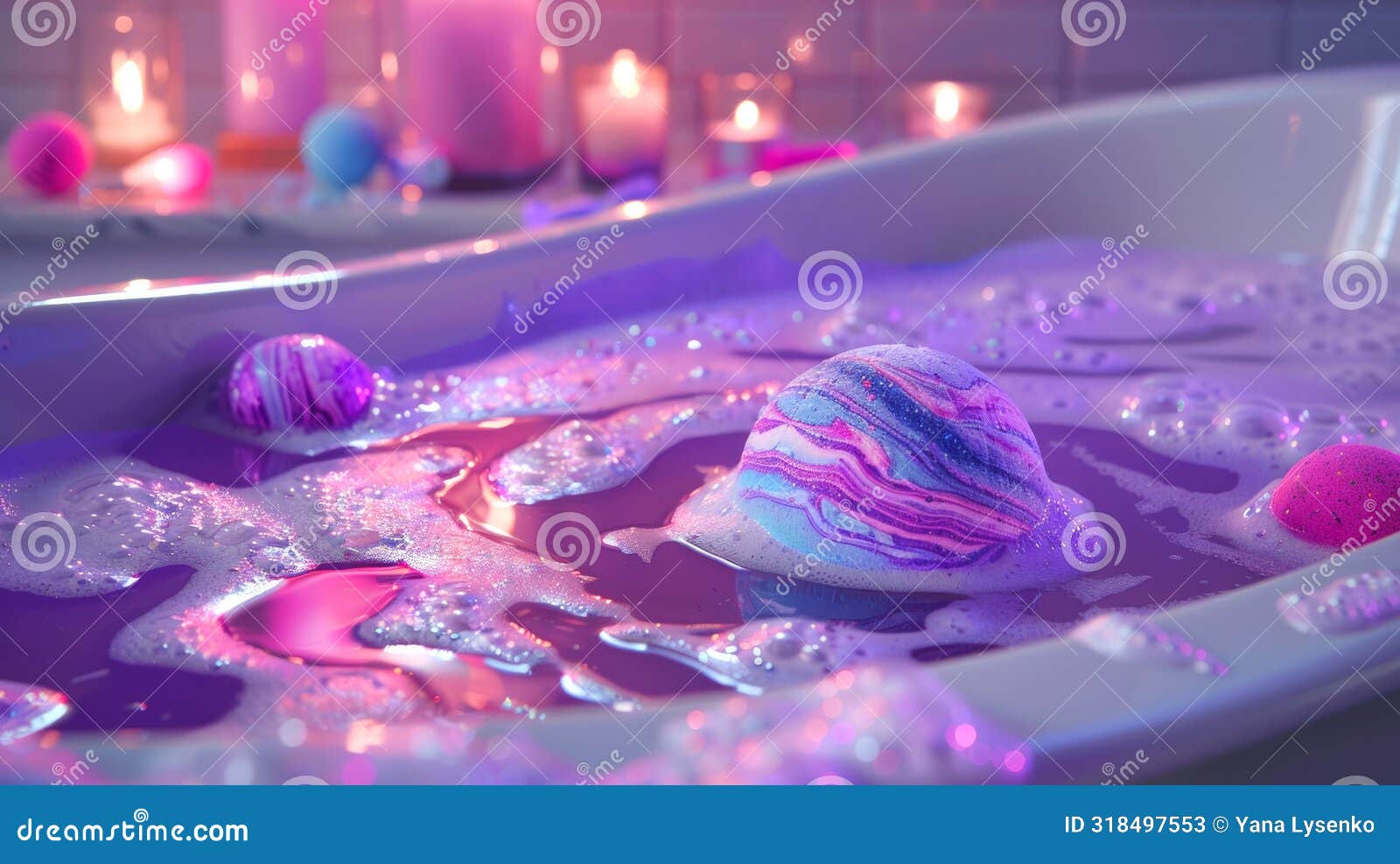 purple bath bomb dissolving in a bathtub with soft candle lighting. fizzy bath bomb creating a luxurious bath experience