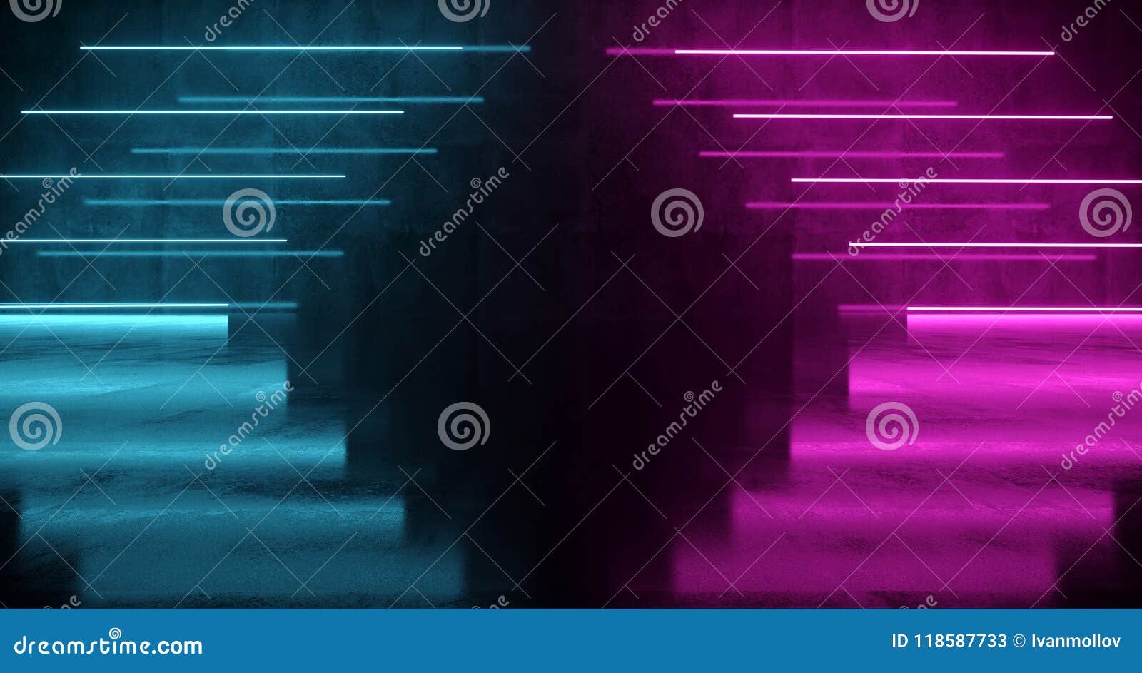 purple and blue futuristic sci-fi arow d neon lights on wall with reflections on concrete floor. 3d rendering