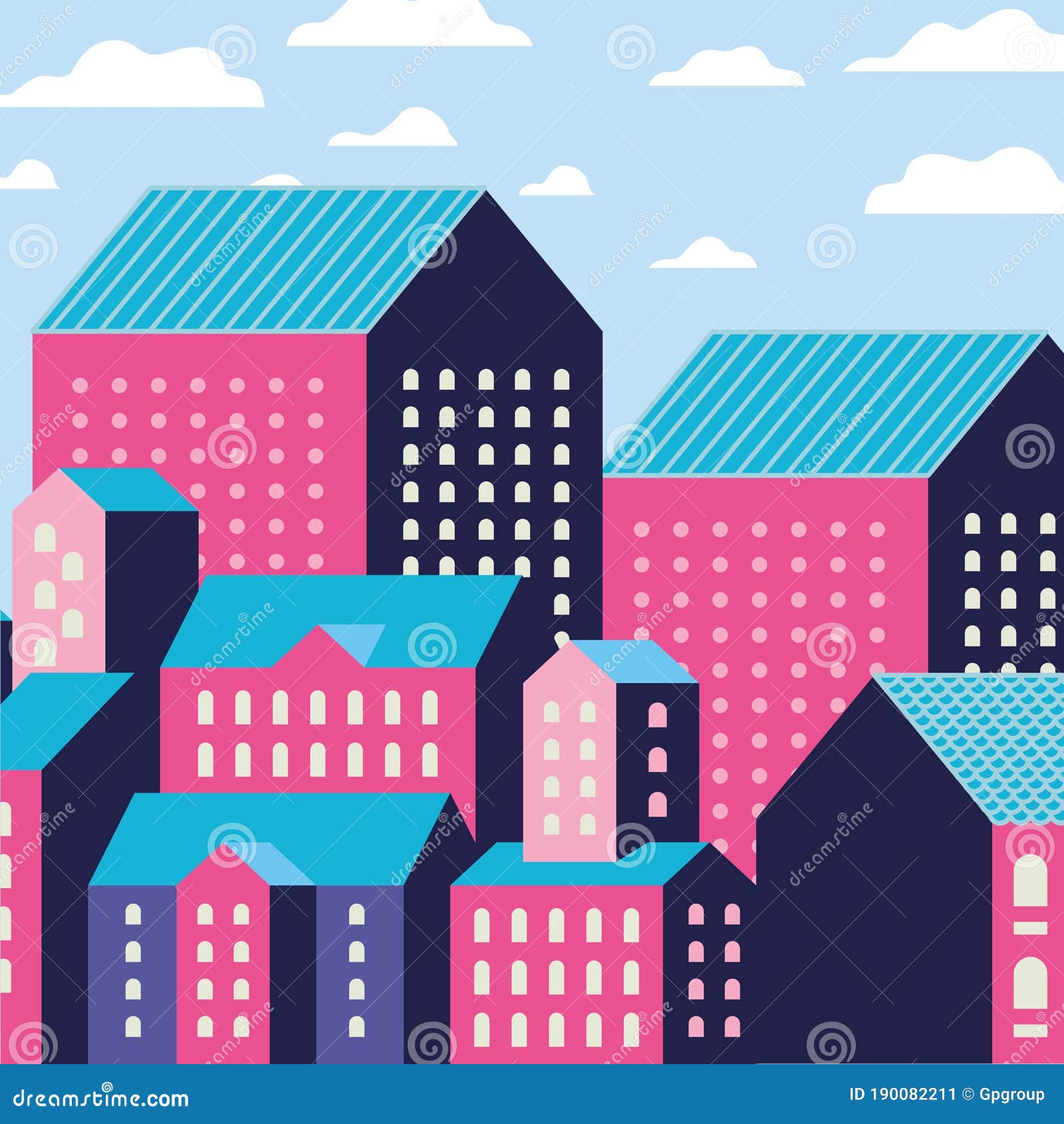 Purple Blue and Pink City Buildings Landscape with Clouds Design Stock ...