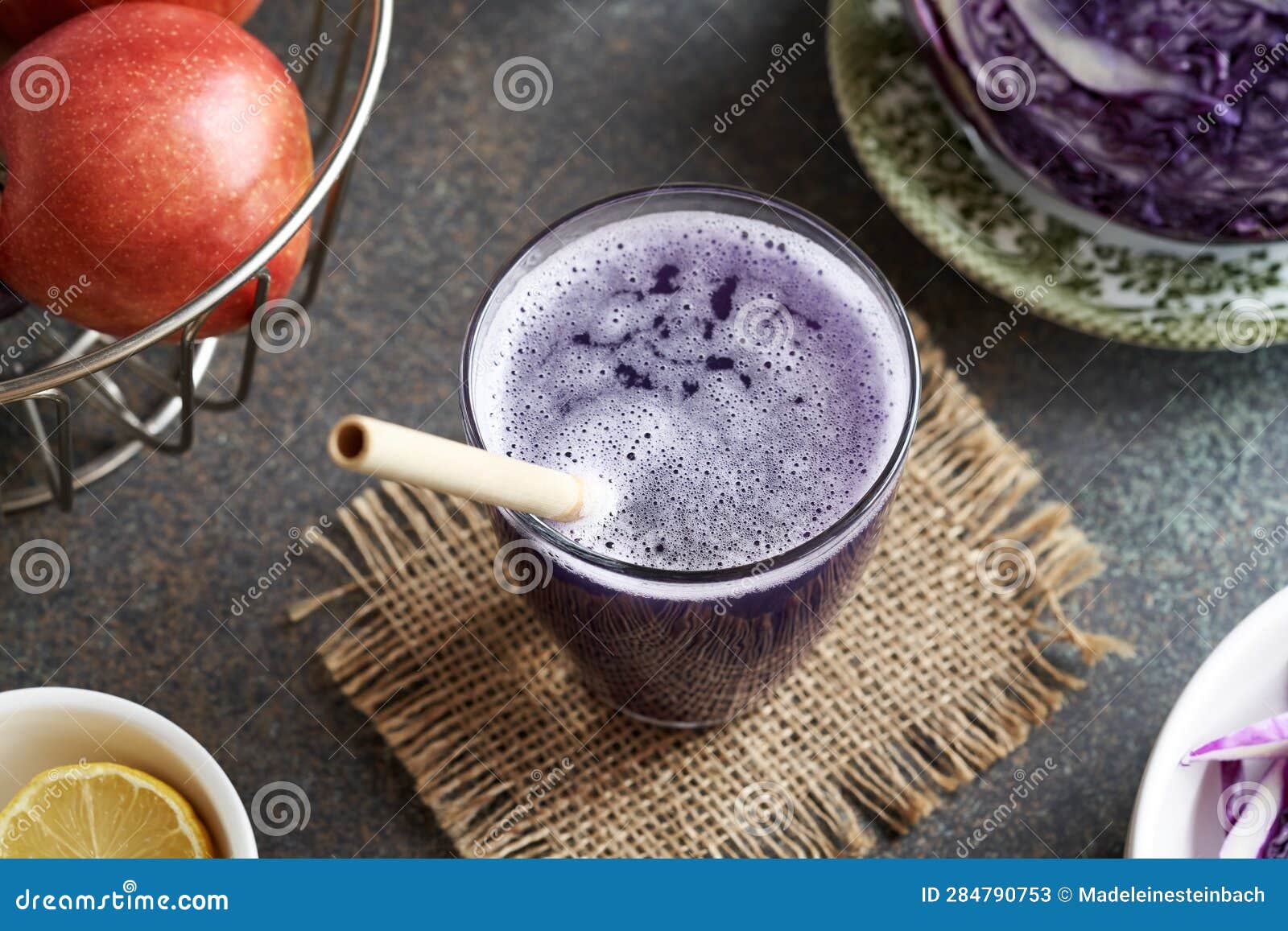 Purple Cabbage Juice with a Bamboo Straw Zero Waste Stock Image