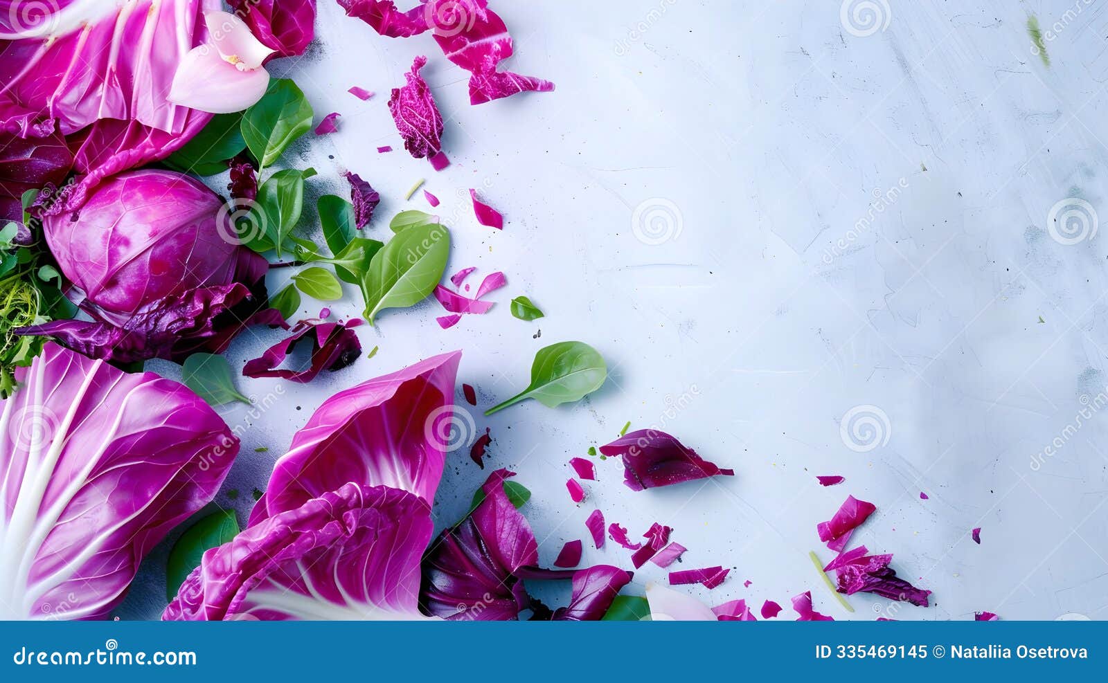 purple cabbage and leafy greens scattered on a light background, creating a fresh and vibrant composition