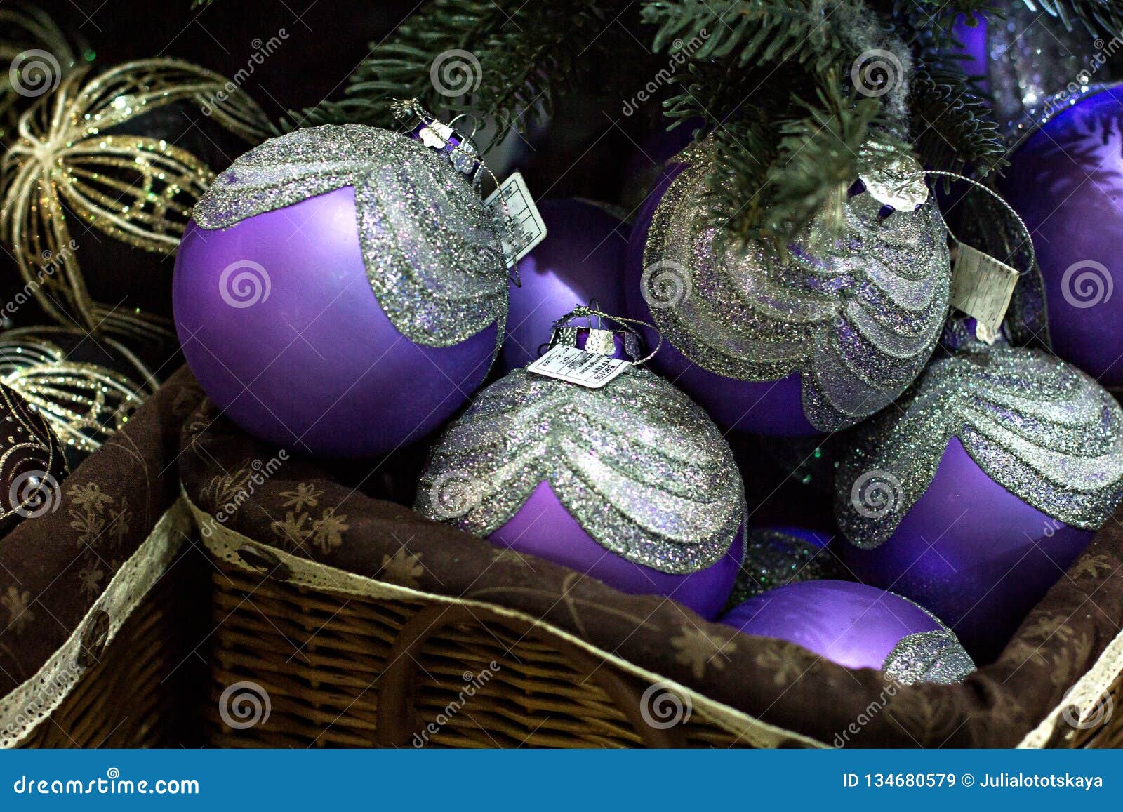 Purple Christmas Balls for the Christmas Tree in the Basket Stock Image