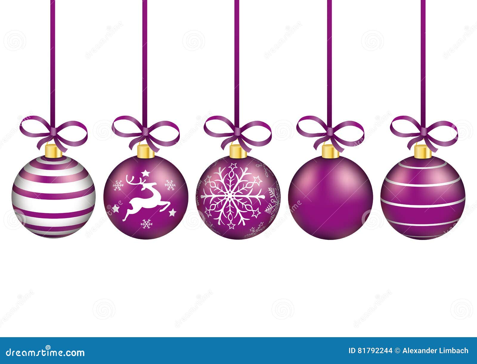 5 purple christmas baubles red ribbons
