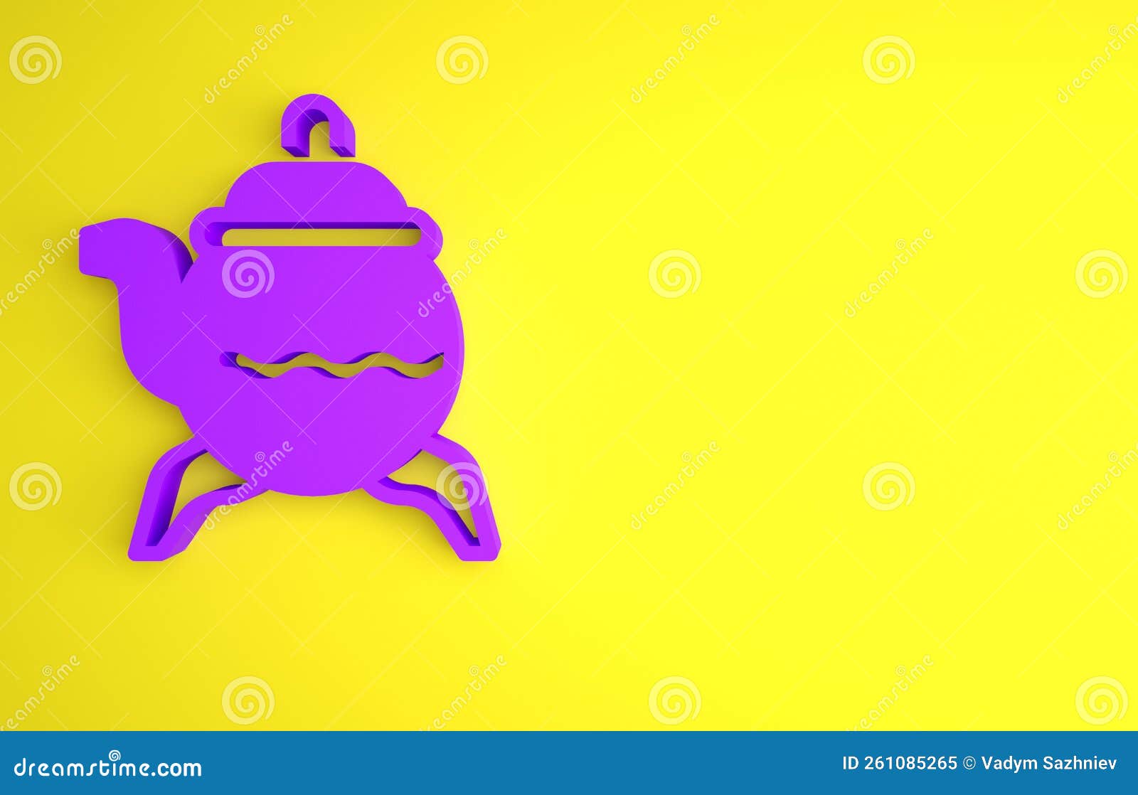 Purple Classic teapot icon isolated on yellow background. Minimalism concept. 3D render illustration.