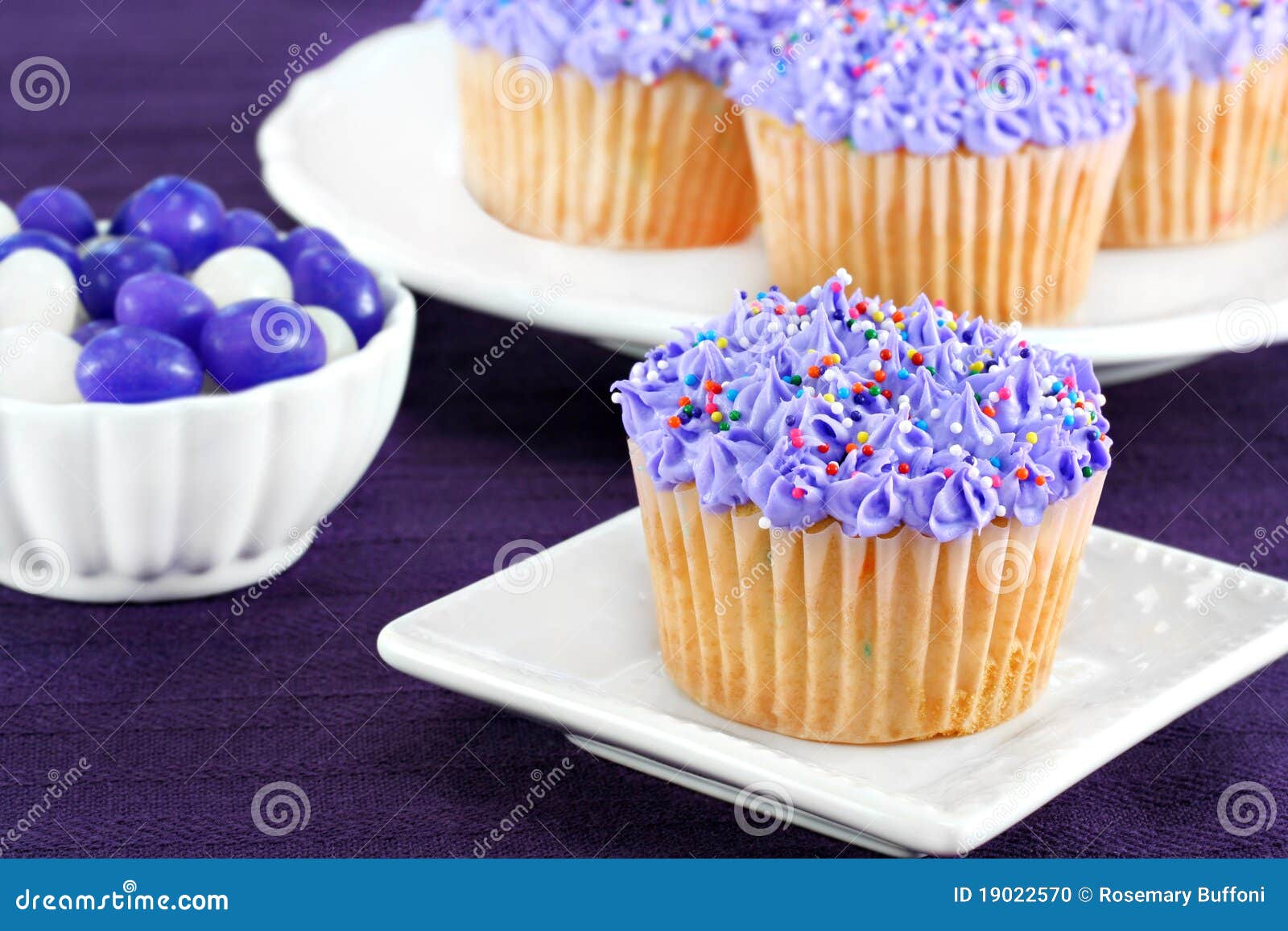 Purple Cupcakes and Jelly Beans for Easter. Stock Photo Image of