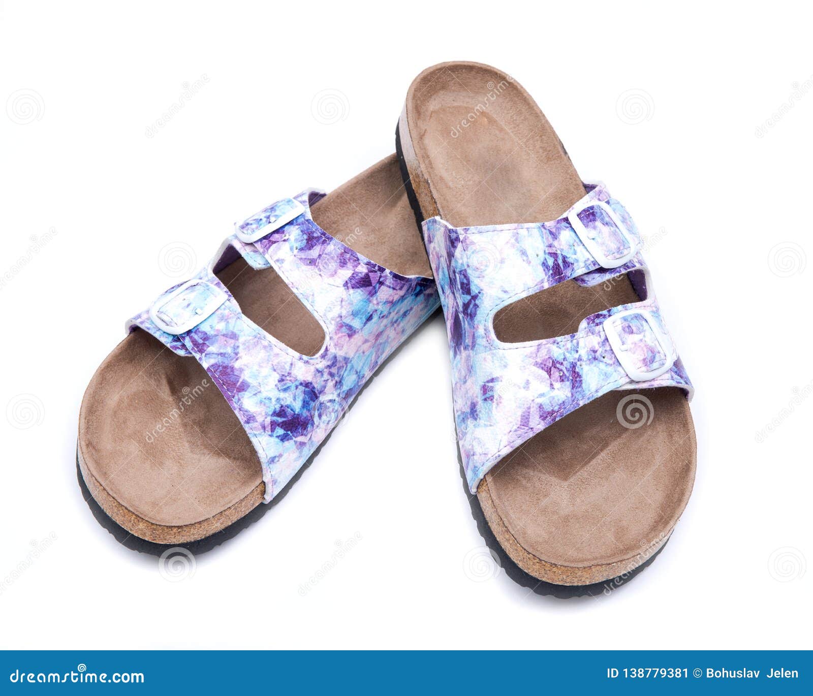 Purple Double Strap Sandals with a Colorful Print on the Faux Leather