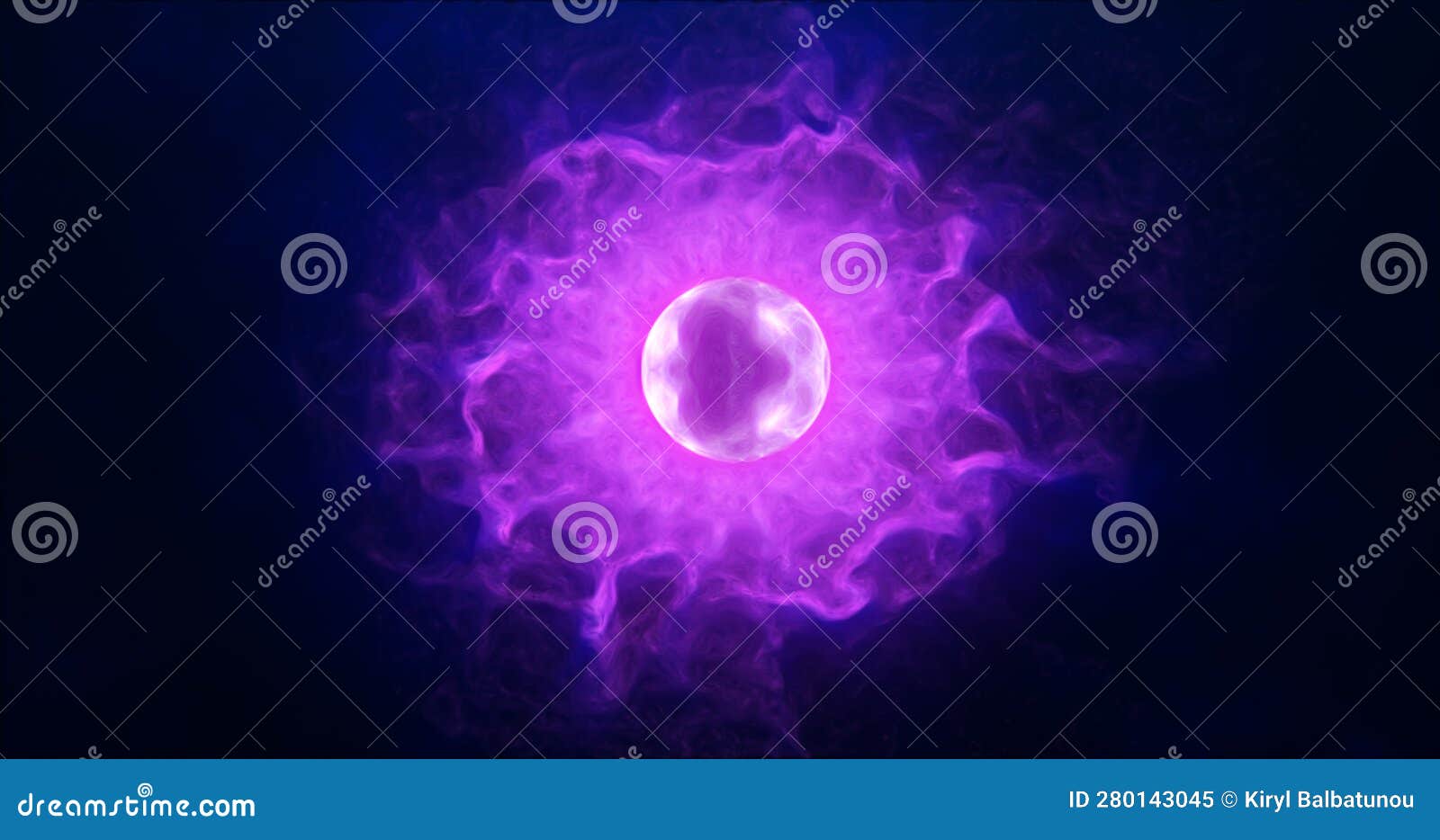 purple energy sphere with glowing bright particles, atom with electrons
