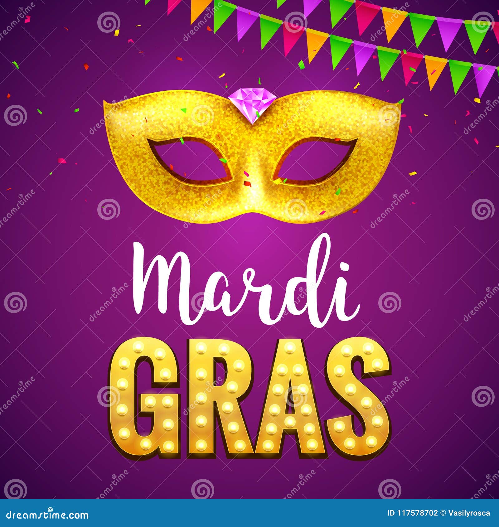 Purple Festive Mardi Gras Background Greeting Card. Carnival Holiday ...