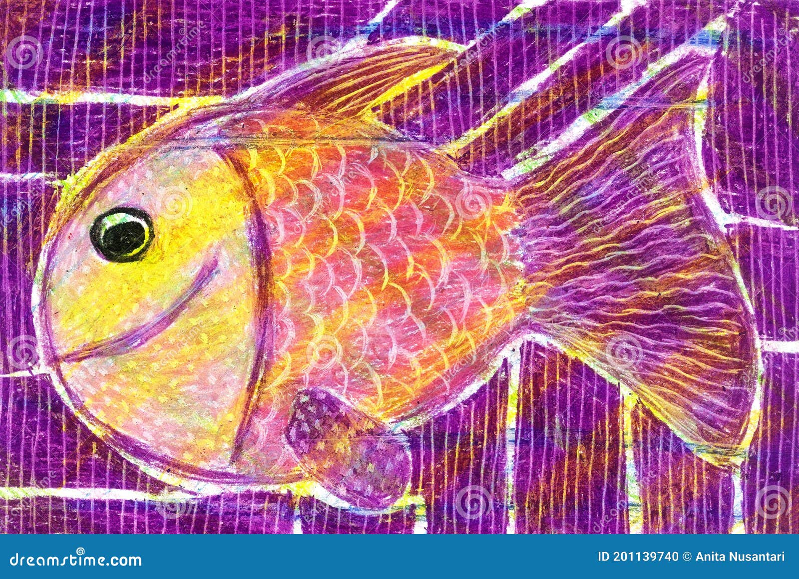 purple fish. abstract pattern.hand drawn using oil pastel with scratch technique