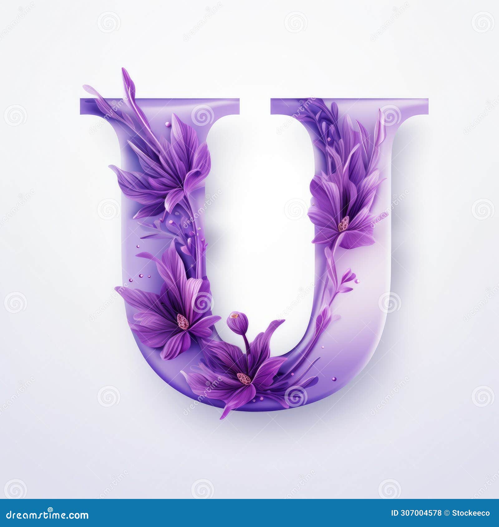 purple floral u letter typographic  on white background