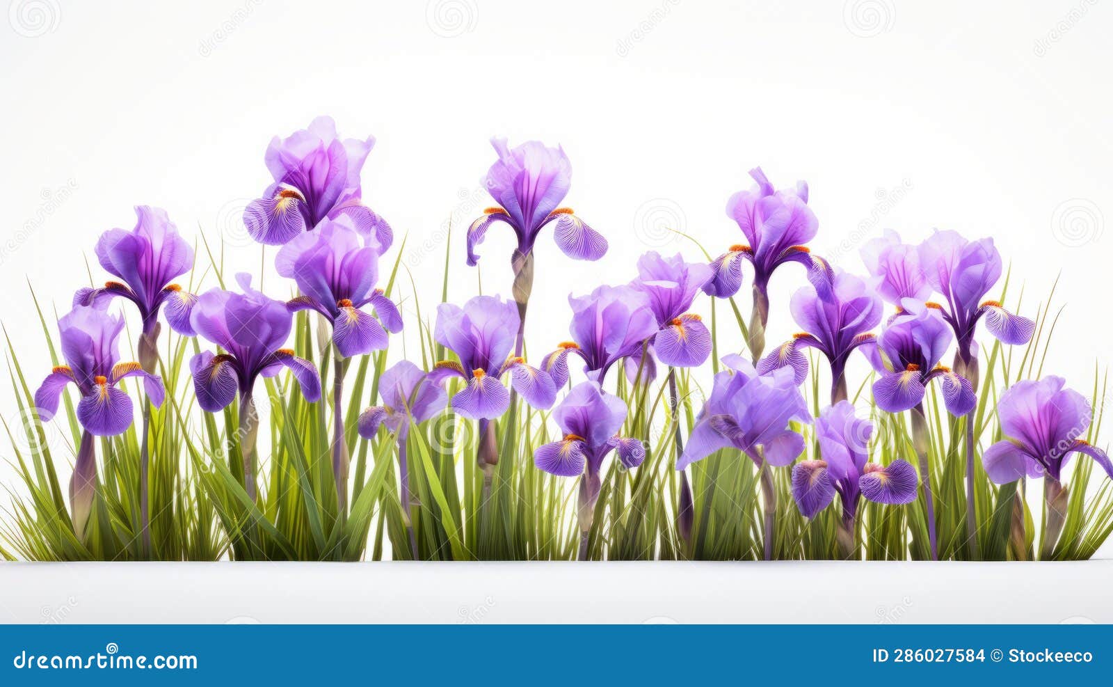purple iris flowers on grass: museum gallery diorama style