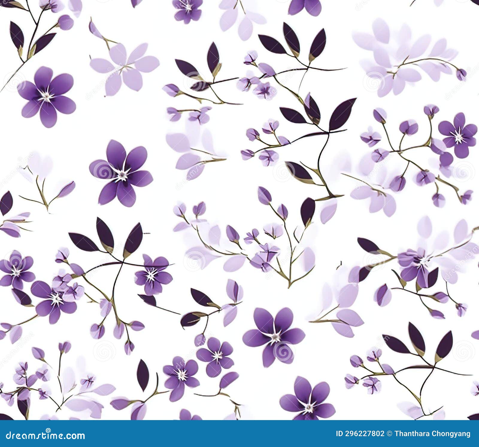 Purple Flowers on White Background Seamless Pattern, Generative AI