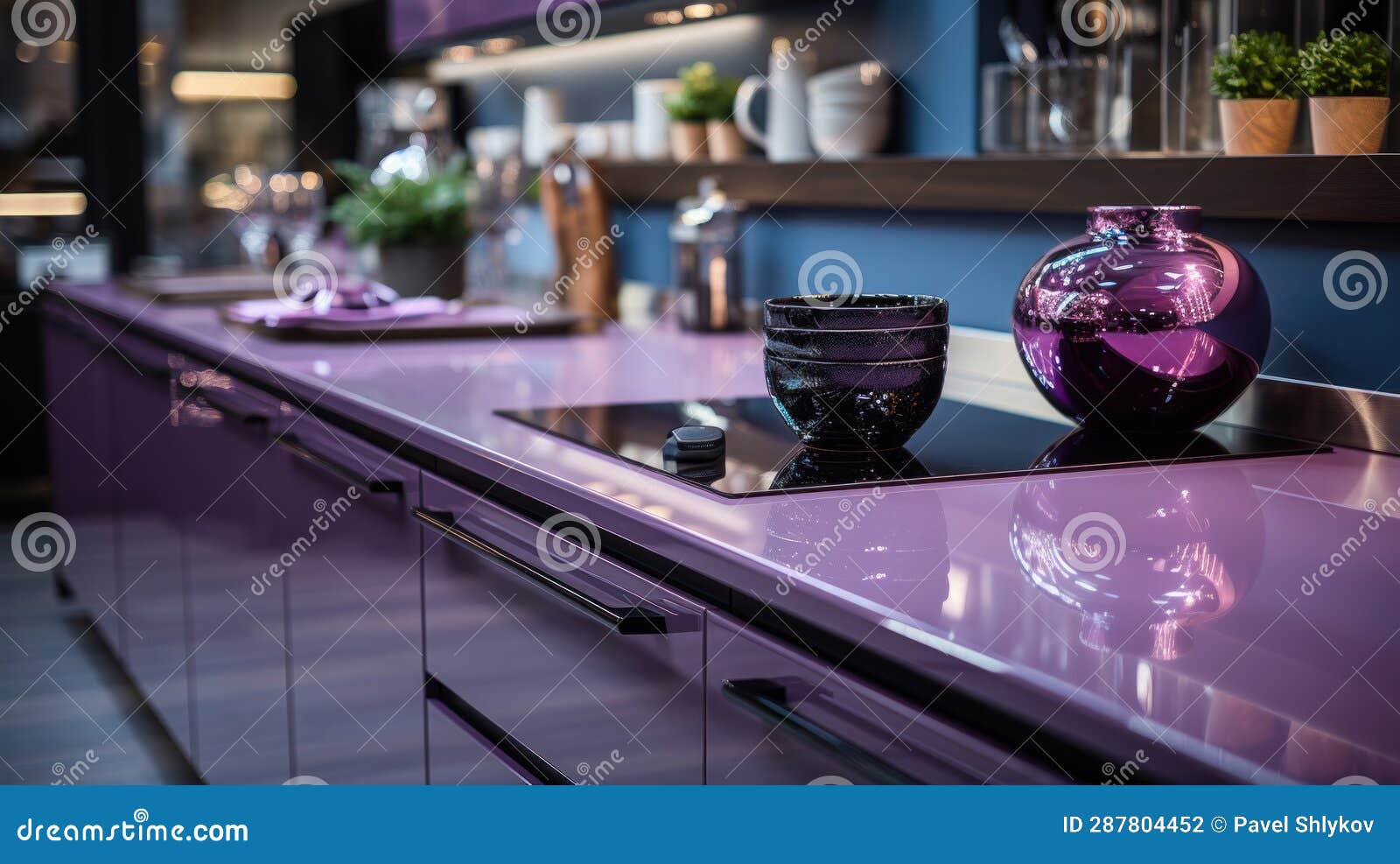 Purple Glance Kitchen in Modern Style with Light Worktop with Kitchen