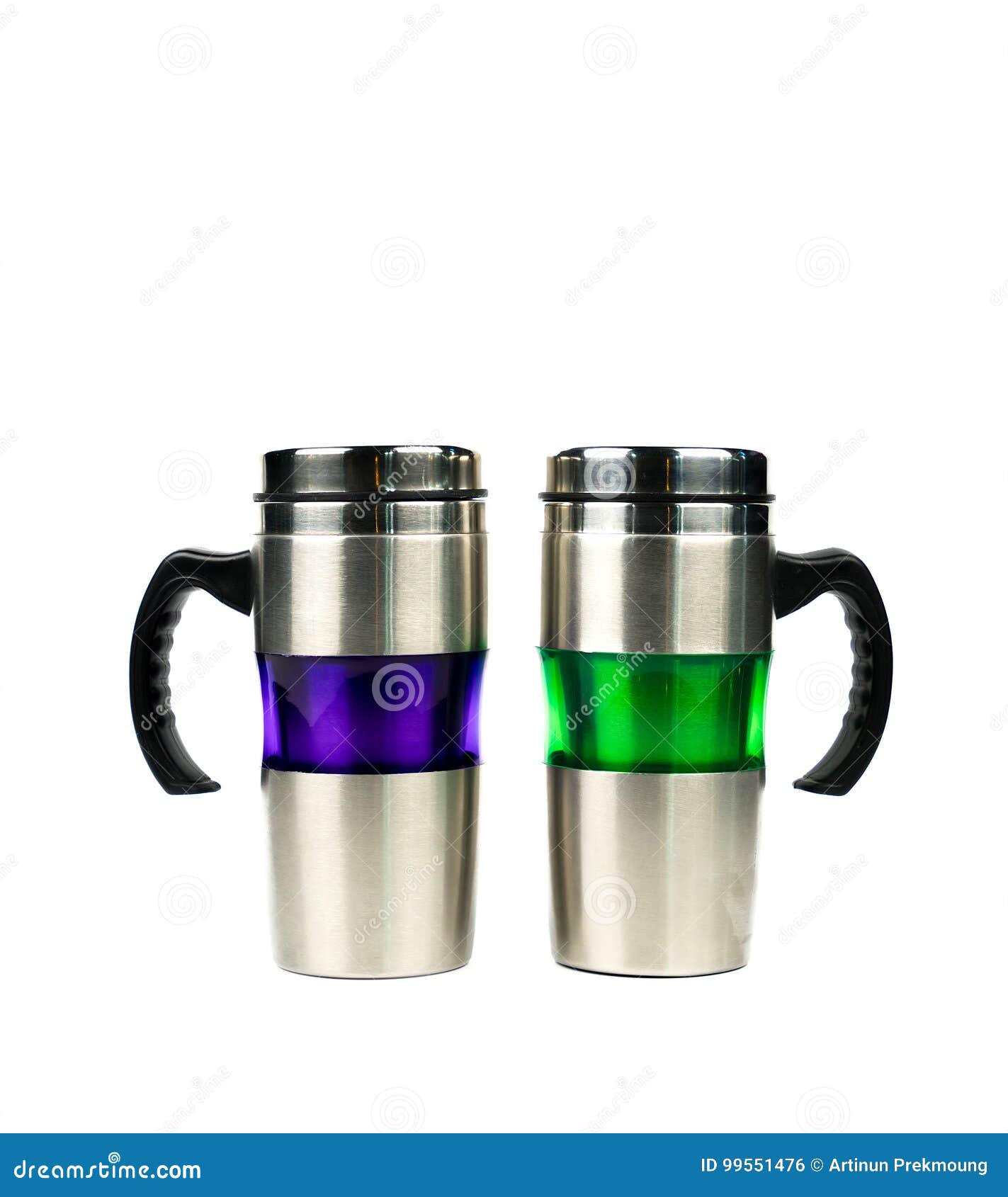 Purple And Green Thermos Bottle With Handle Isolated On White