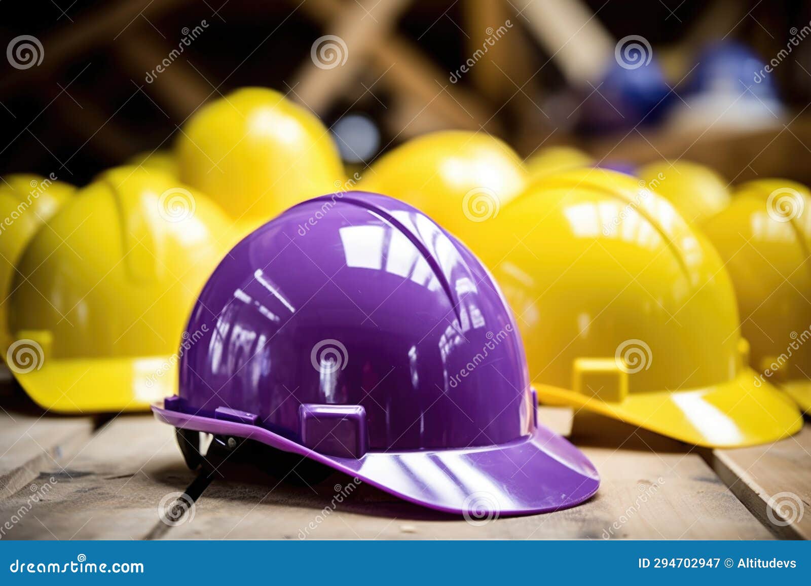 A Purple Hard Hat among Typical Yellow Ones Stock Image Image of site