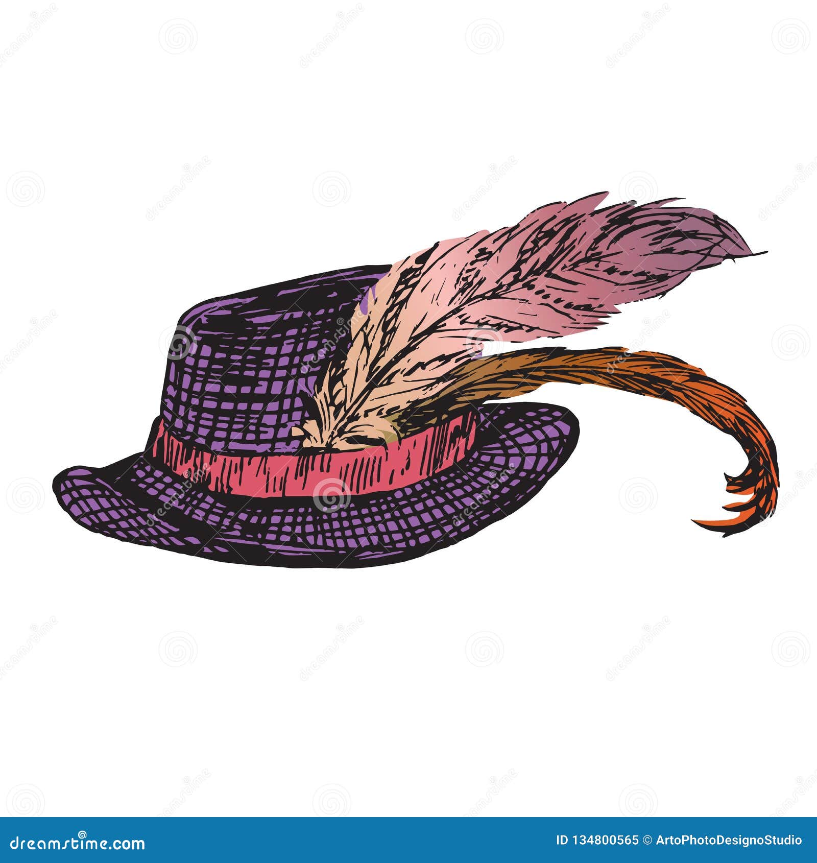 Purple Hat with Pink Ribbon and Fancy Feathers, Hand Drawn Doodle, Sketch  in Woodcut Style Stock Illustration - Illustration of artistic, handsome:  134800565