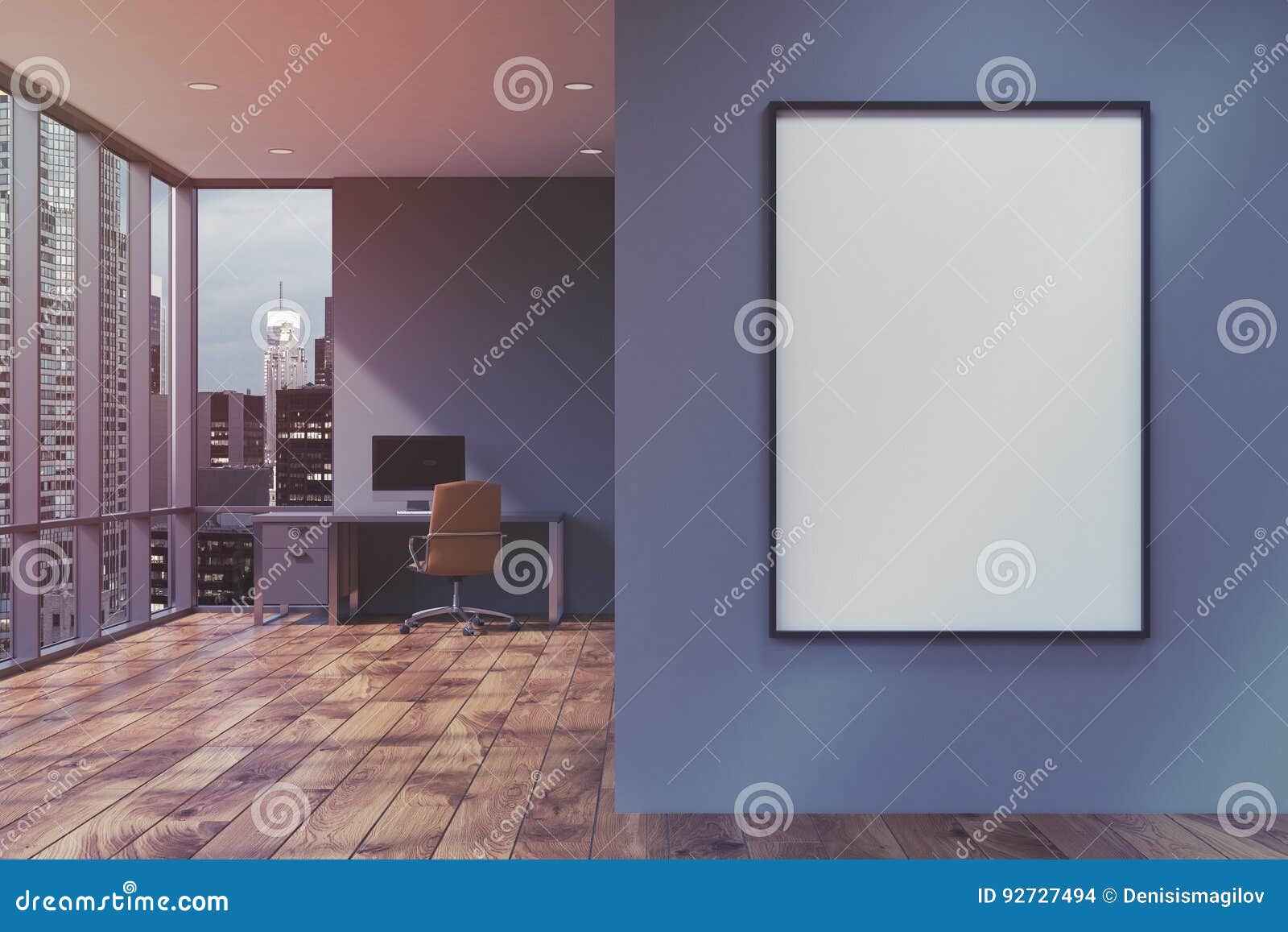 Purple Home Office with Poster Stock Illustration - Illustration of