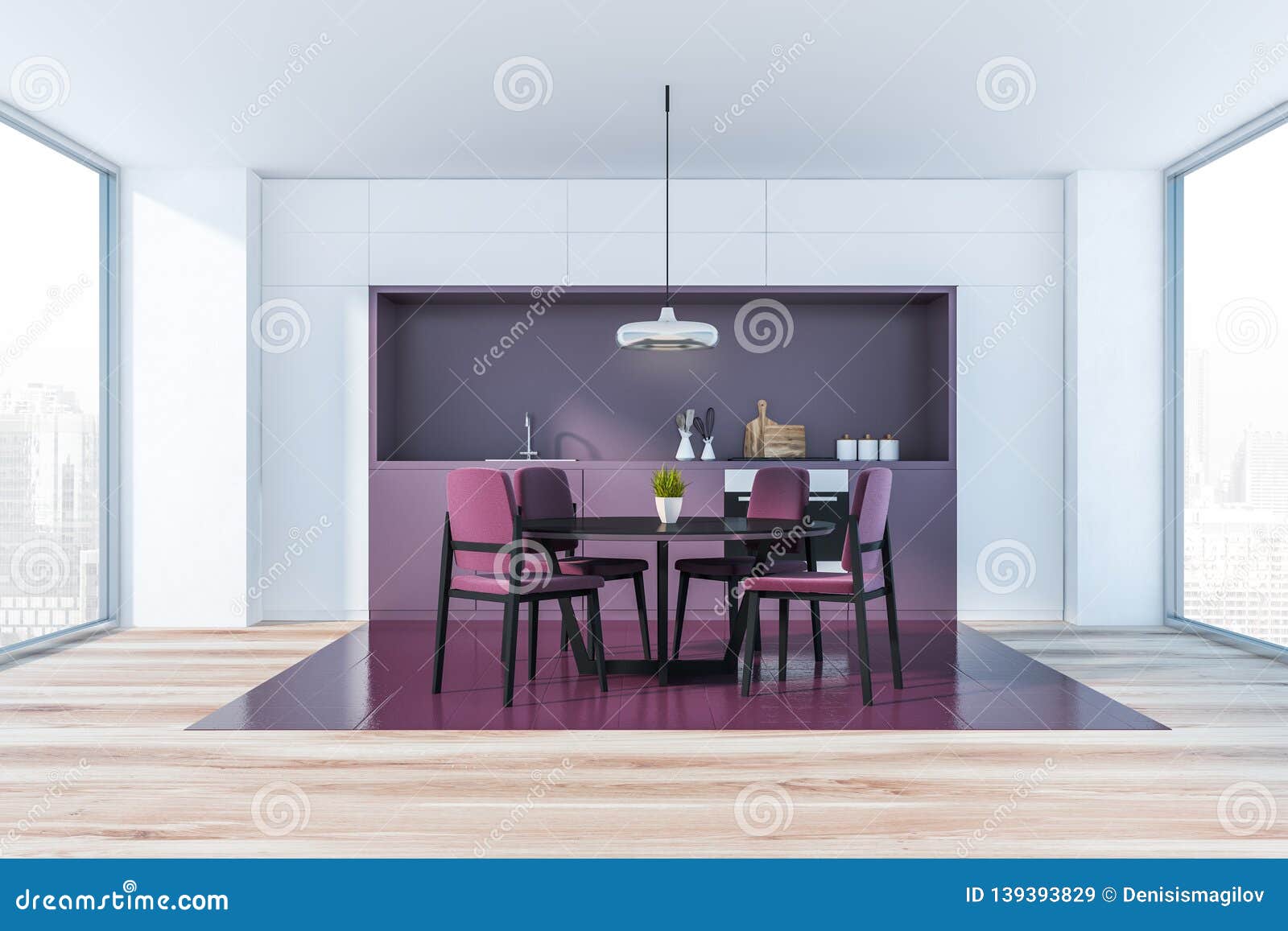 Purple Kitchen Interior With Table Stock Illustration