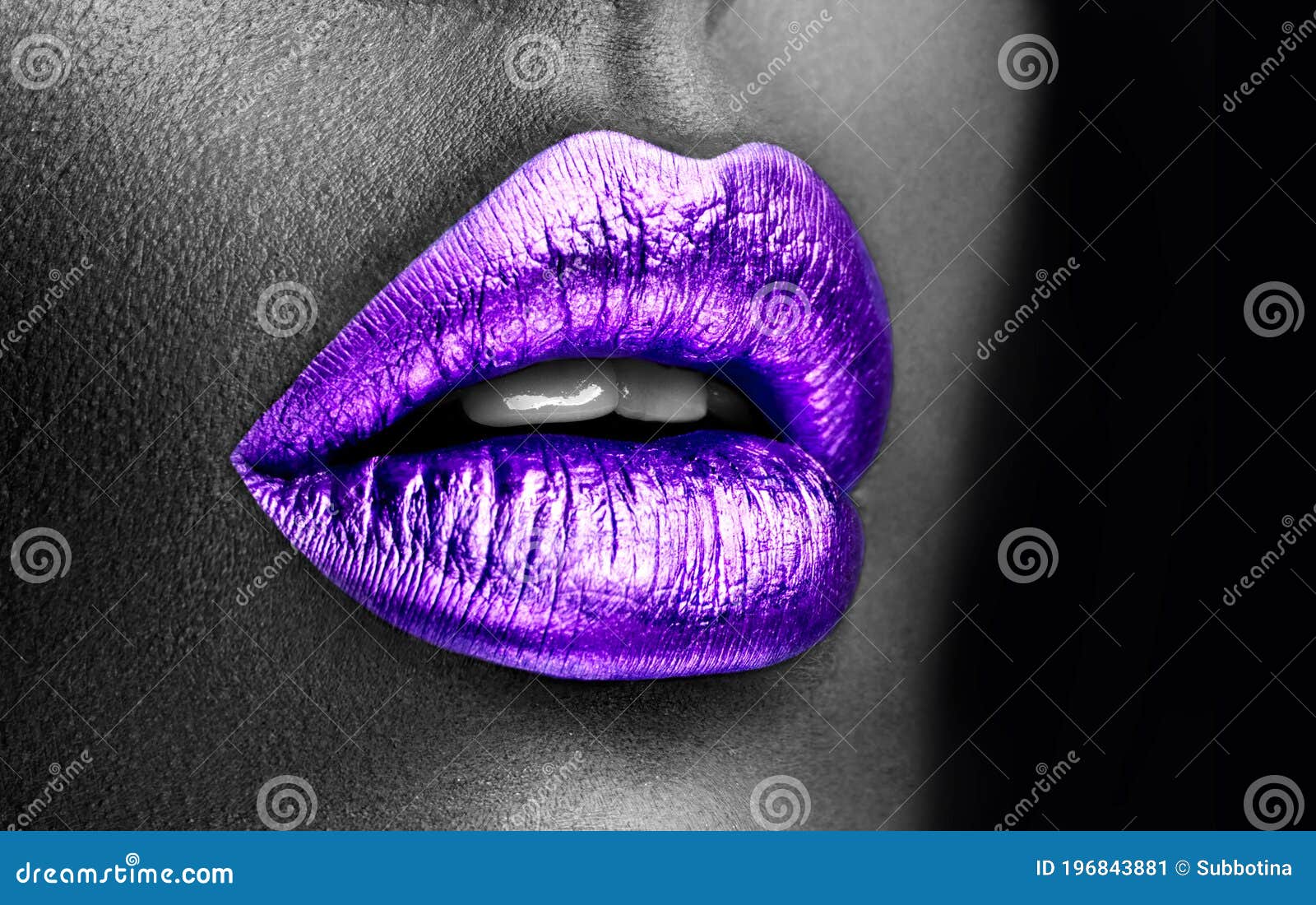 purple lipstick closeup. violet metal lips. beautiful makeup. sexy lips, bright lip gloss paint