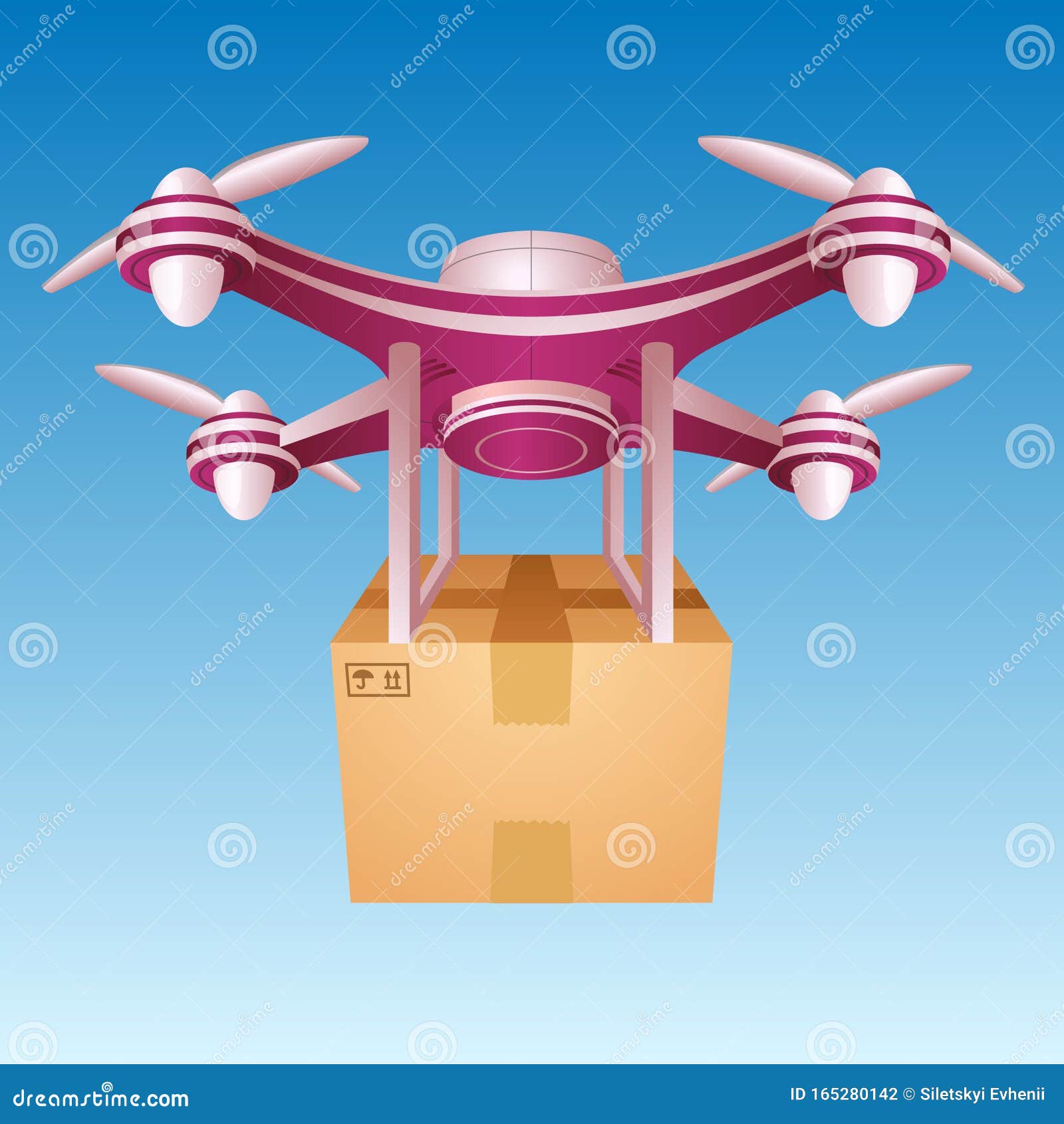 Purple Modern Drone is Flying in the Sky, Delivering a Box, Vector ...