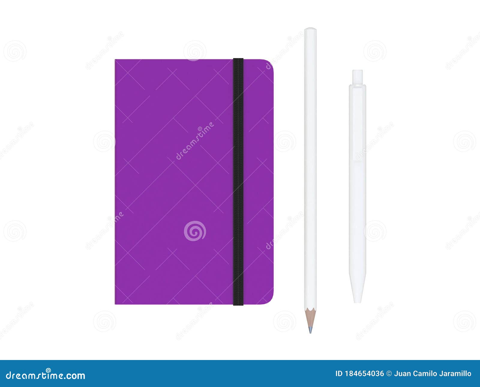 purple moleskine with pen and pencil and a black strap front or top view  on a white background 3d rendering