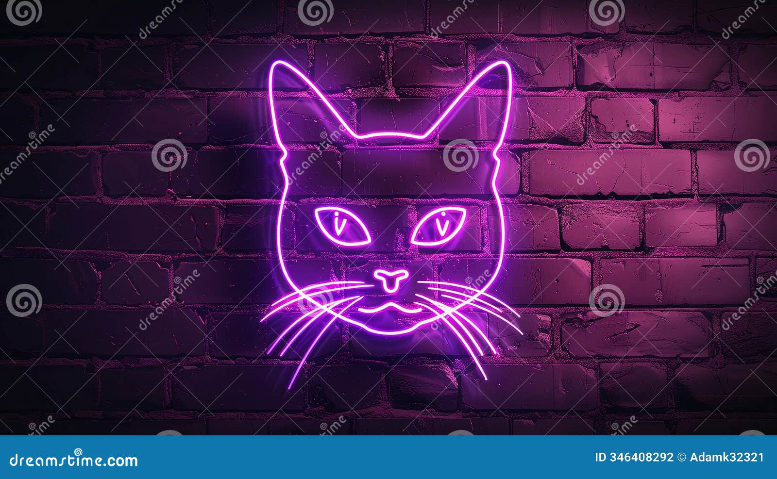 purple neon cat sign on dark brick wall ambiance light display