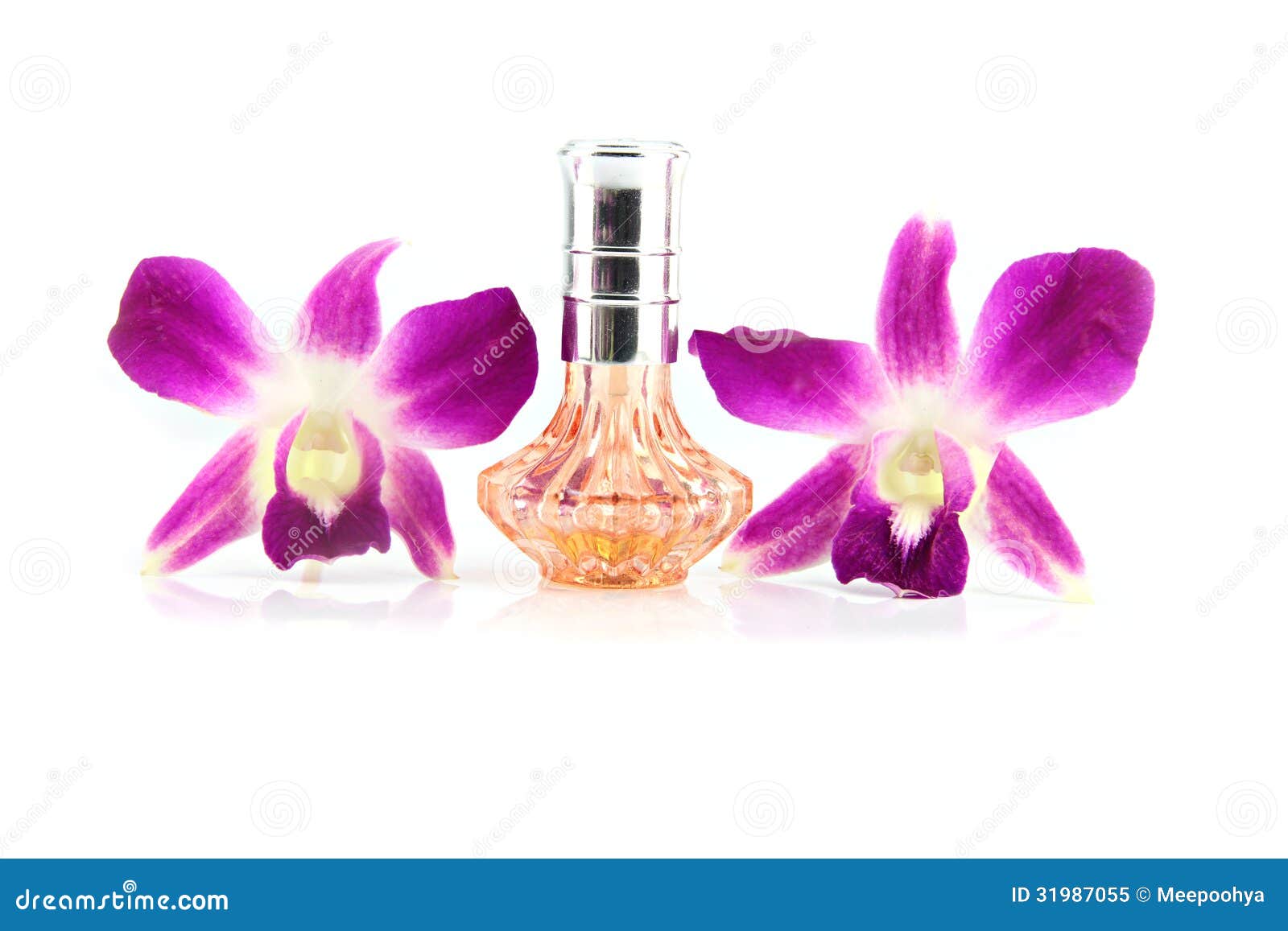 Purple Orchid and Orange Perfume Bottles. Stock Image Image of bright